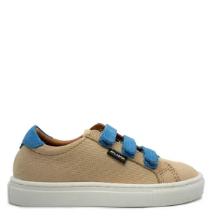 Atlanta Mocassin Tan And Blue Textured Velcro Sneaker