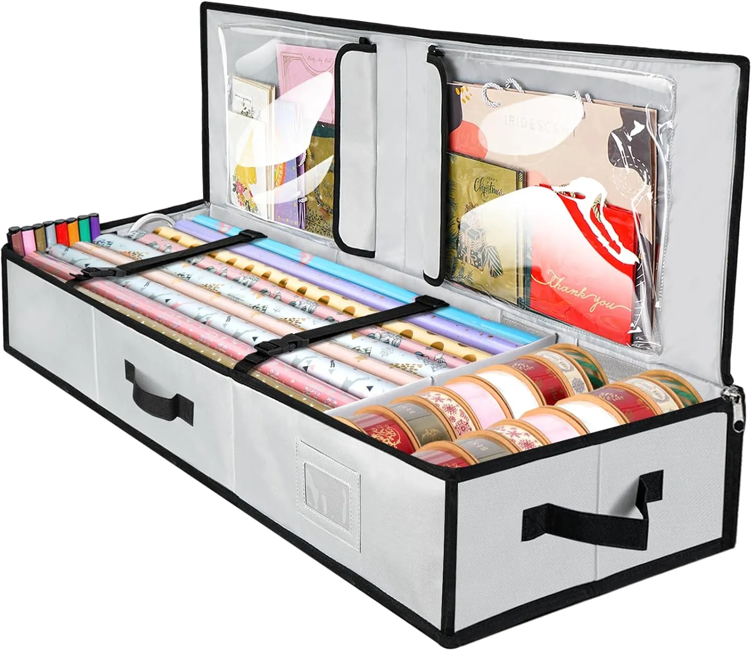 BALEINE Wrapping Paper Storage Organizer, 40" Durable 600D Oxford Fabric Gift Wrap Storage Bag with Flexible Partitions for Ribbon, Holiday Accessories (Gray)