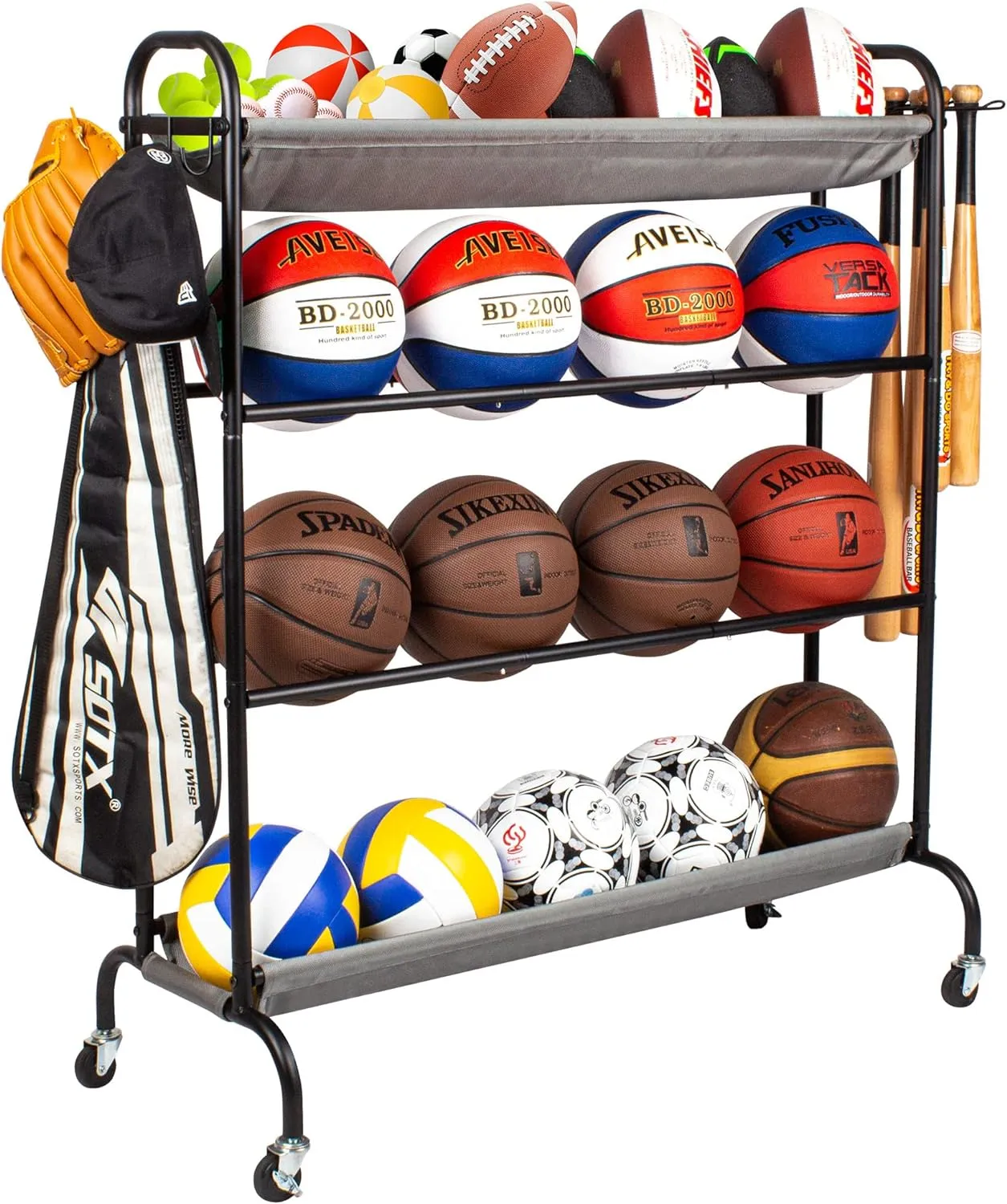 Basketball Rack, 4-Layer Ball Rack Rolling Balls Organizer with Baseball Bat Holder & Hooks Sport Equipment Storage Cart with Wheels for Football, Volleyball, Soccer