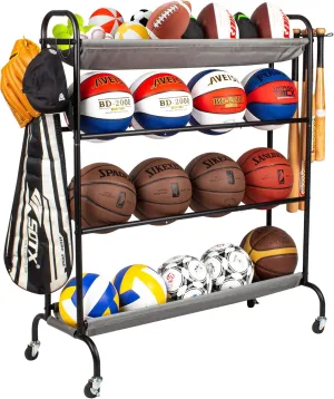 Basketball Rack, 4-Layer Ball Rack Rolling Balls Organizer with Baseball Bat Holder & Hooks Sport Equipment Storage Cart with Wheels for Football, Volleyball, Soccer
