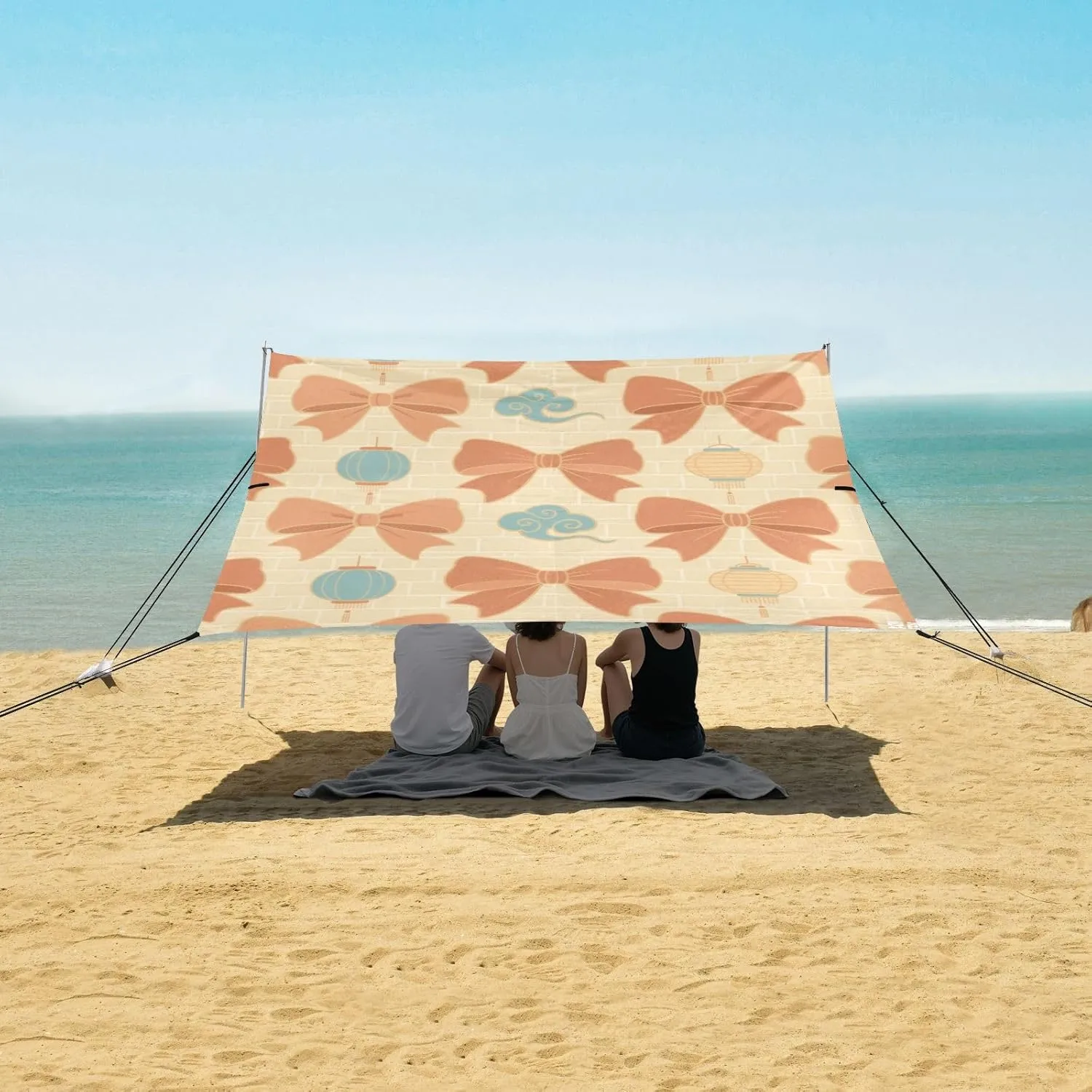 Beach Shade Tent with UPF50  UV Protection,Vintage Chinese Style Bows Lightweight Camping Sun Shelter for Outdoor,Camping Trips, Fishing, Backyard,Picnics,Easy Set Up and Carry 9x10.5 FT