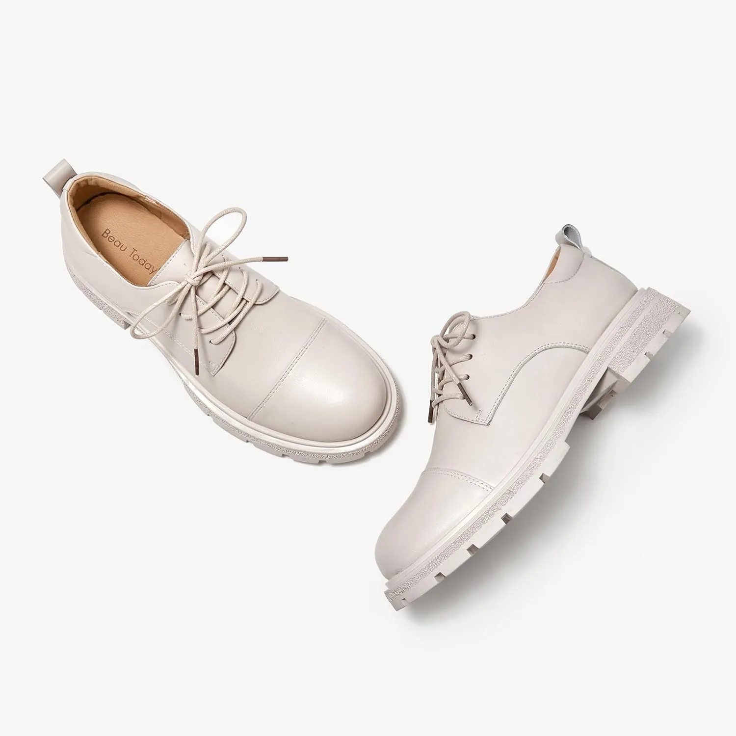 BEAU TODAY Womens Oxford Shoes,Leather Lace-Up Oxfords for Women,Formal Chunky Comfortable Brethable Round Toe Non Slip Business Work Casual Office Dress Shoes