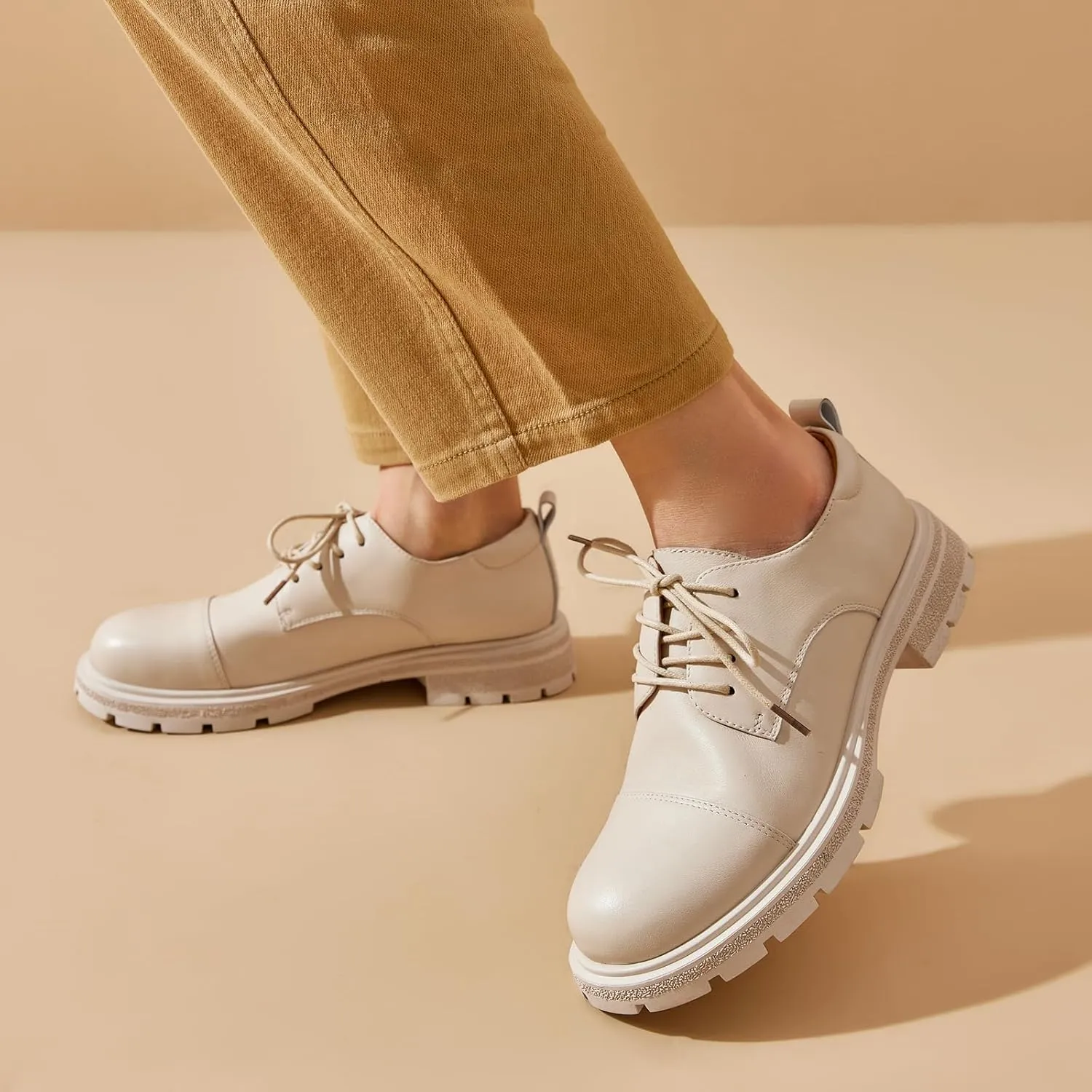 BEAU TODAY Womens Oxford Shoes,Leather Lace-Up Oxfords for Women,Formal Chunky Comfortable Brethable Round Toe Non Slip Business Work Casual Office Dress Shoes