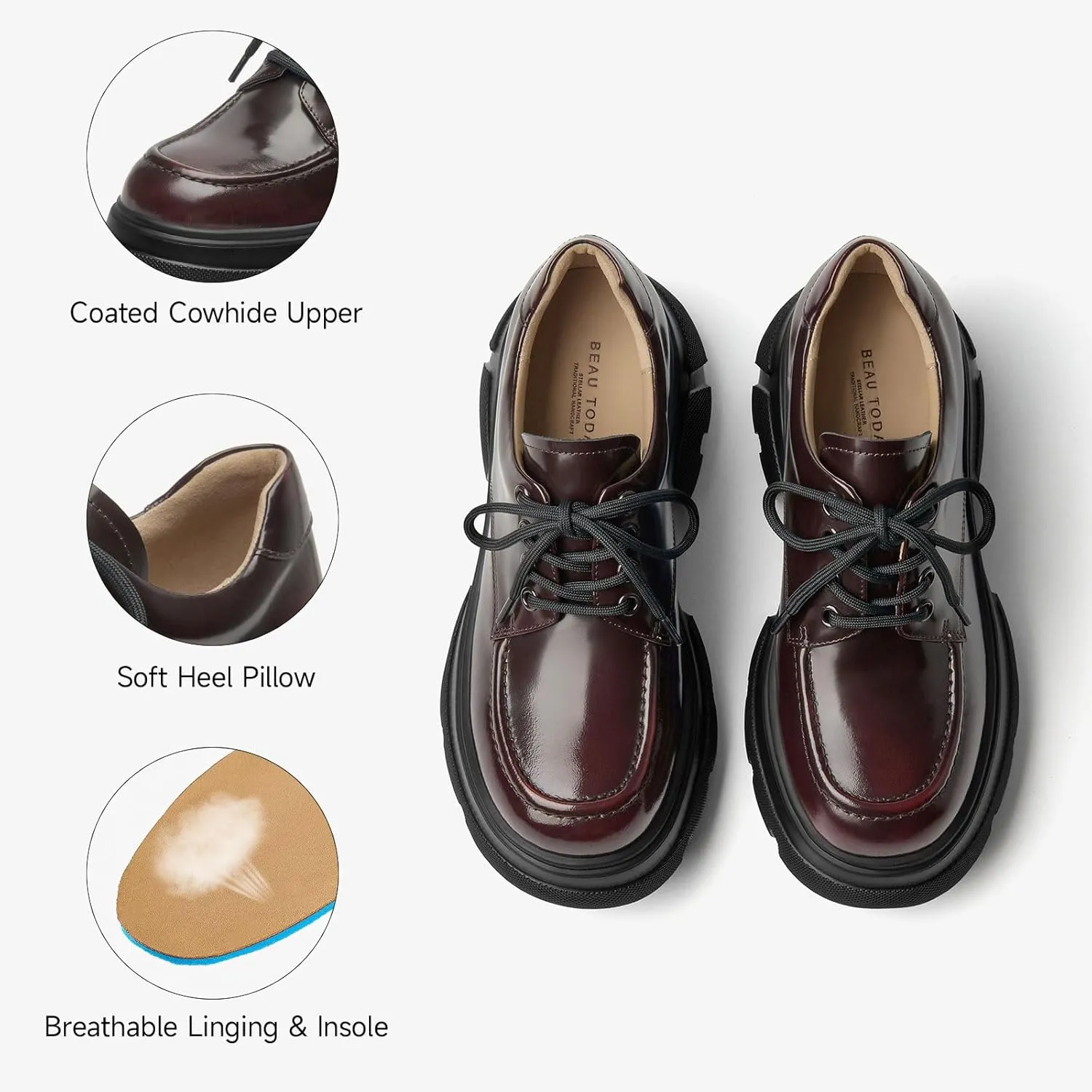 BEAU TODAY Women's Platform Oxfords, Chunky Work Oxford Shoes for Women, Business Casual Leather Shoes Women, Comfortable Non-Slip Round Toe Dressy Shoes