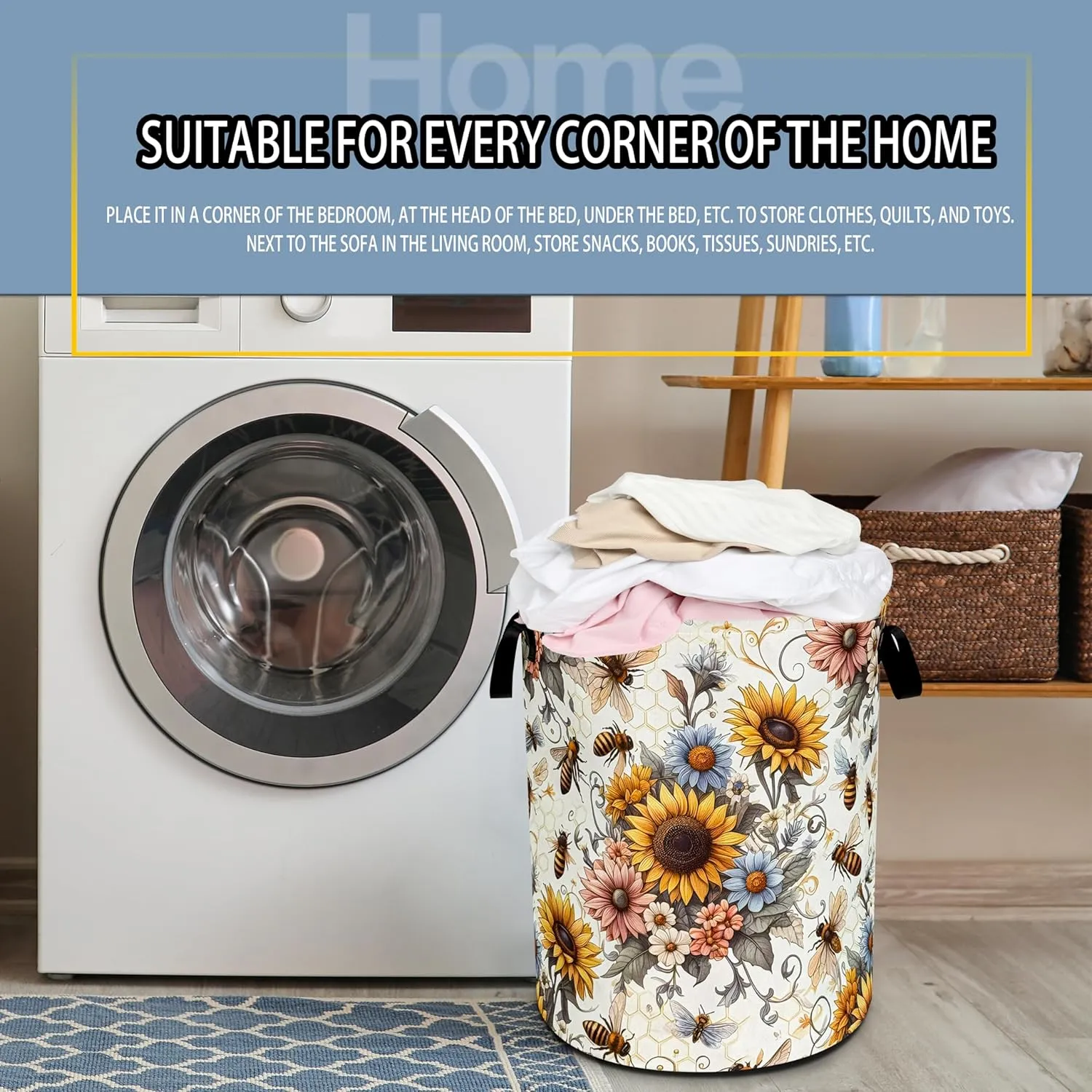Bee Sunflower Laundry Basket Flower Foldable Oxford Cloth Funny Tote Bag Laundry Hamper Clothes Storage Bucket Toy Organizer For Bathroom/Laundry Storage/Bedroom 18.9x16.5 Inch