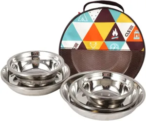 BESPORTBLE 1set Stainless Steel Camping Tableware with Mesh Storage Bag Plates Bowls for Outdoor Activities Hiking BBQ Picnic and Climbing