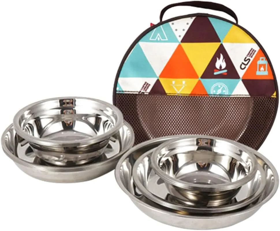 BESPORTBLE 1set Stainless Steel Camping Tableware with Mesh Storage Bag Plates Bowls for Outdoor Activities Hiking BBQ Picnic and Climbing