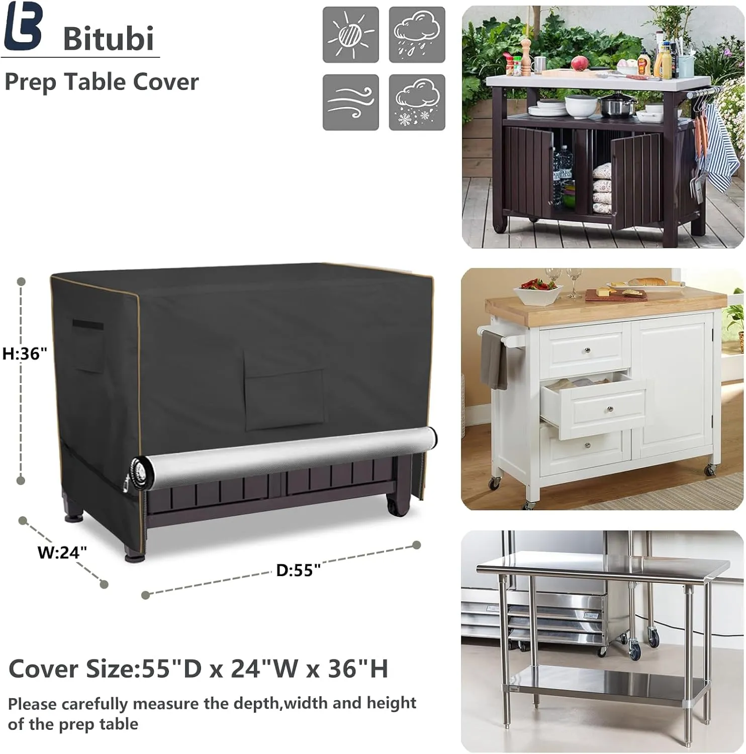 Bitubi Prep Table Cover with Split Zipper for 52 Inch Keter Unity XL Portable Outdoor Table, Heavy Duty Waterproof Fabric, Compatible with 52 Inch Kitchen Island Table, Black