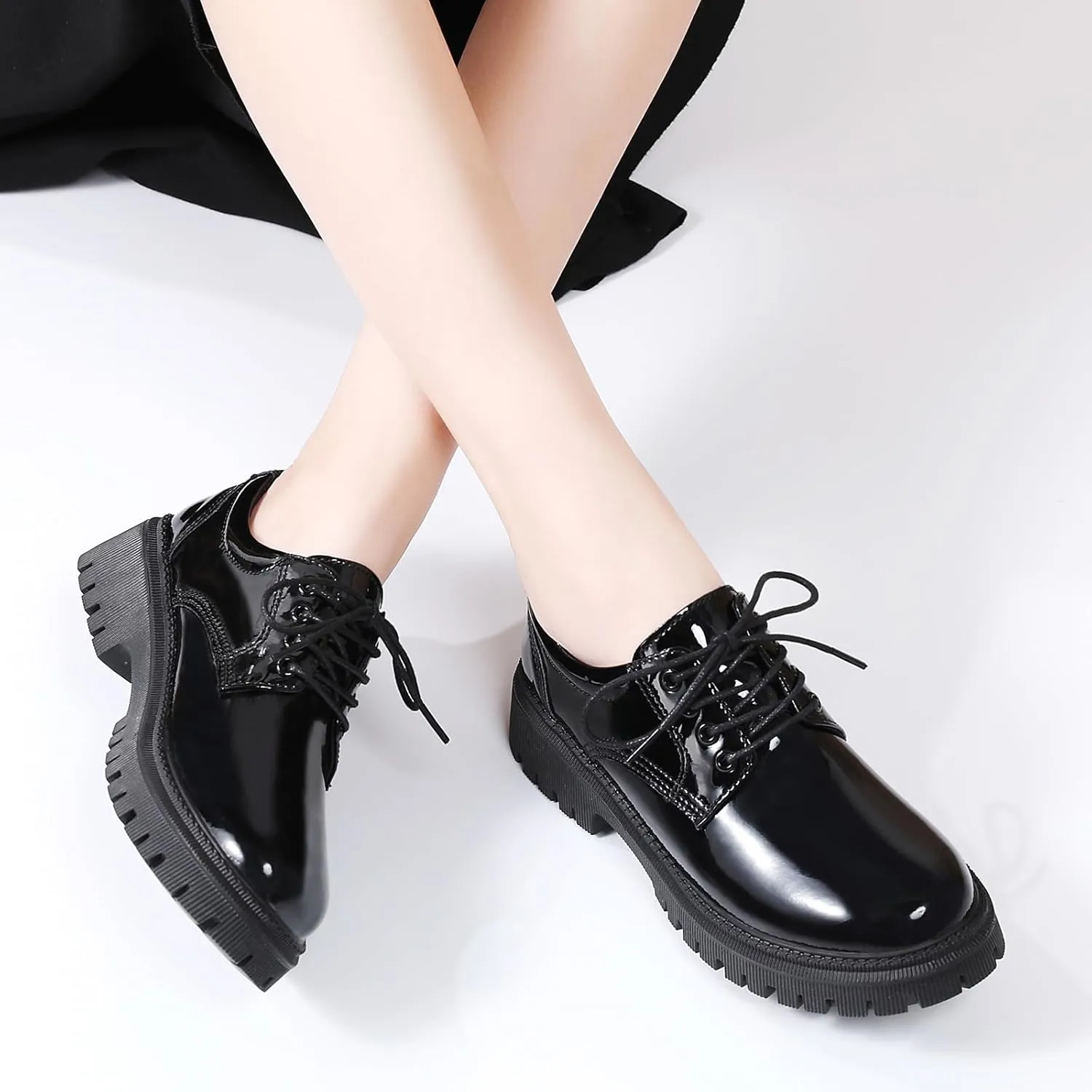 Black Platform Oxford Shoes for Women Chunky Leather Work Office Non Slip Dress Shoes Saddle Comfortable Business Shoes