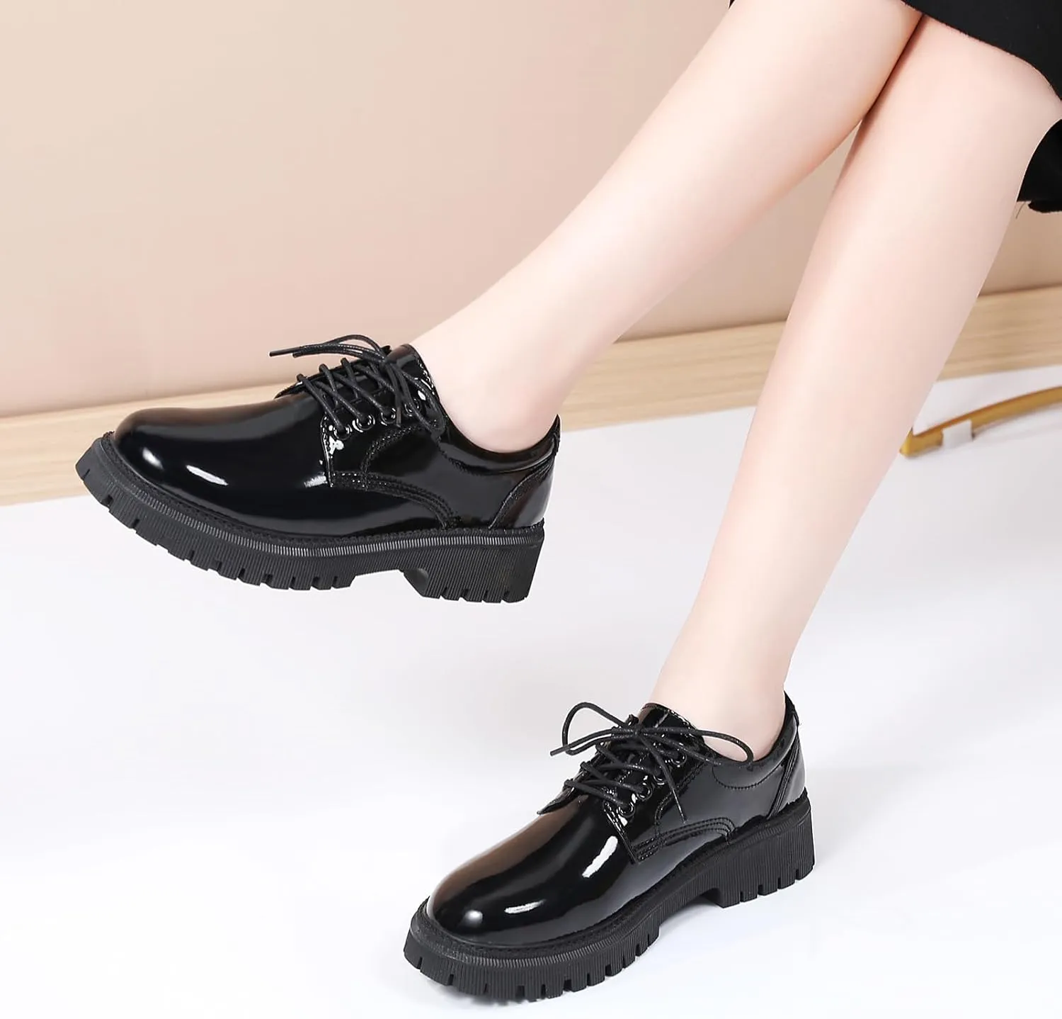 Black Platform Oxford Shoes for Women Chunky Leather Work Office Non Slip Dress Shoes Saddle Comfortable Business Shoes