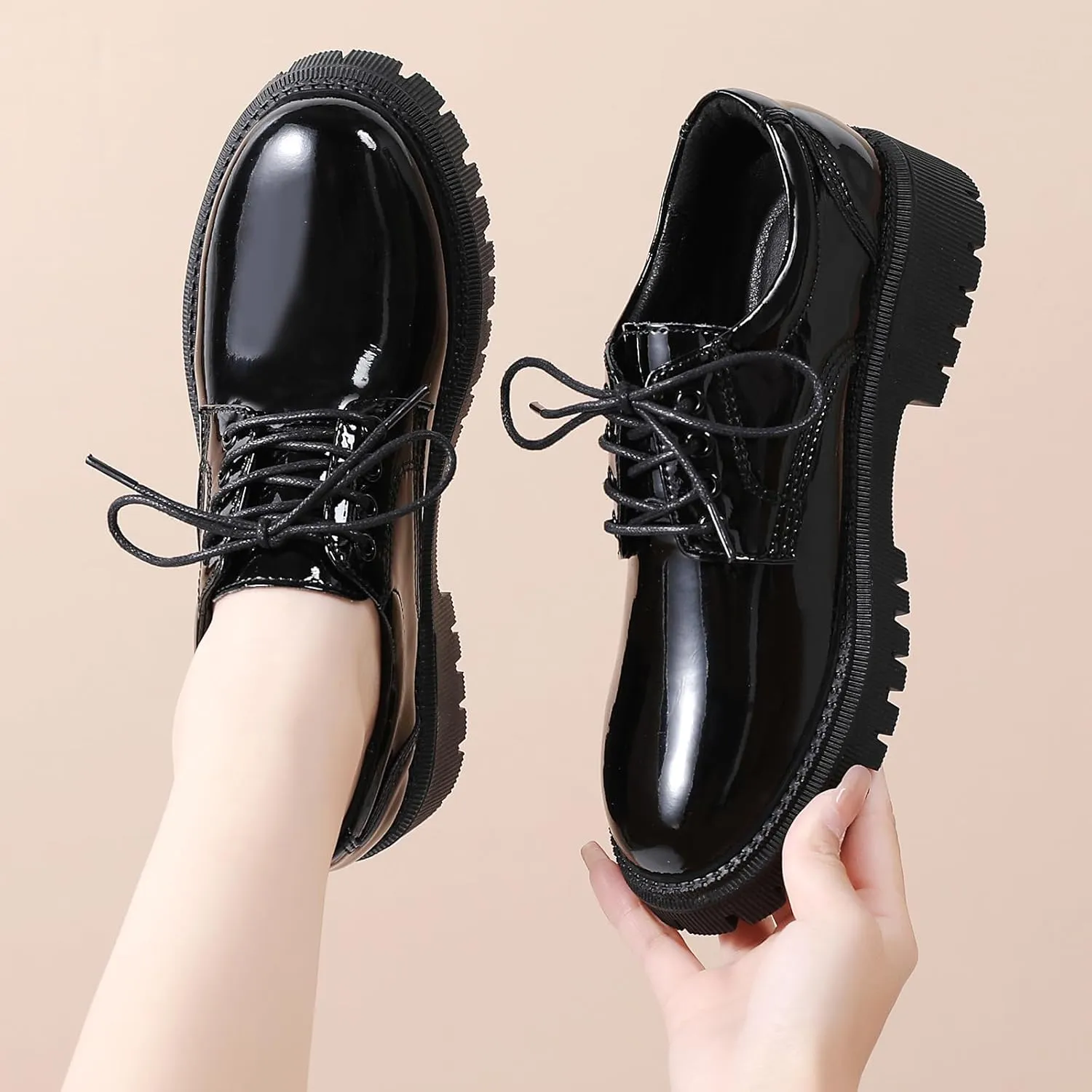 Black Platform Oxford Shoes for Women Chunky Leather Work Office Non Slip Dress Shoes Saddle Comfortable Business Shoes