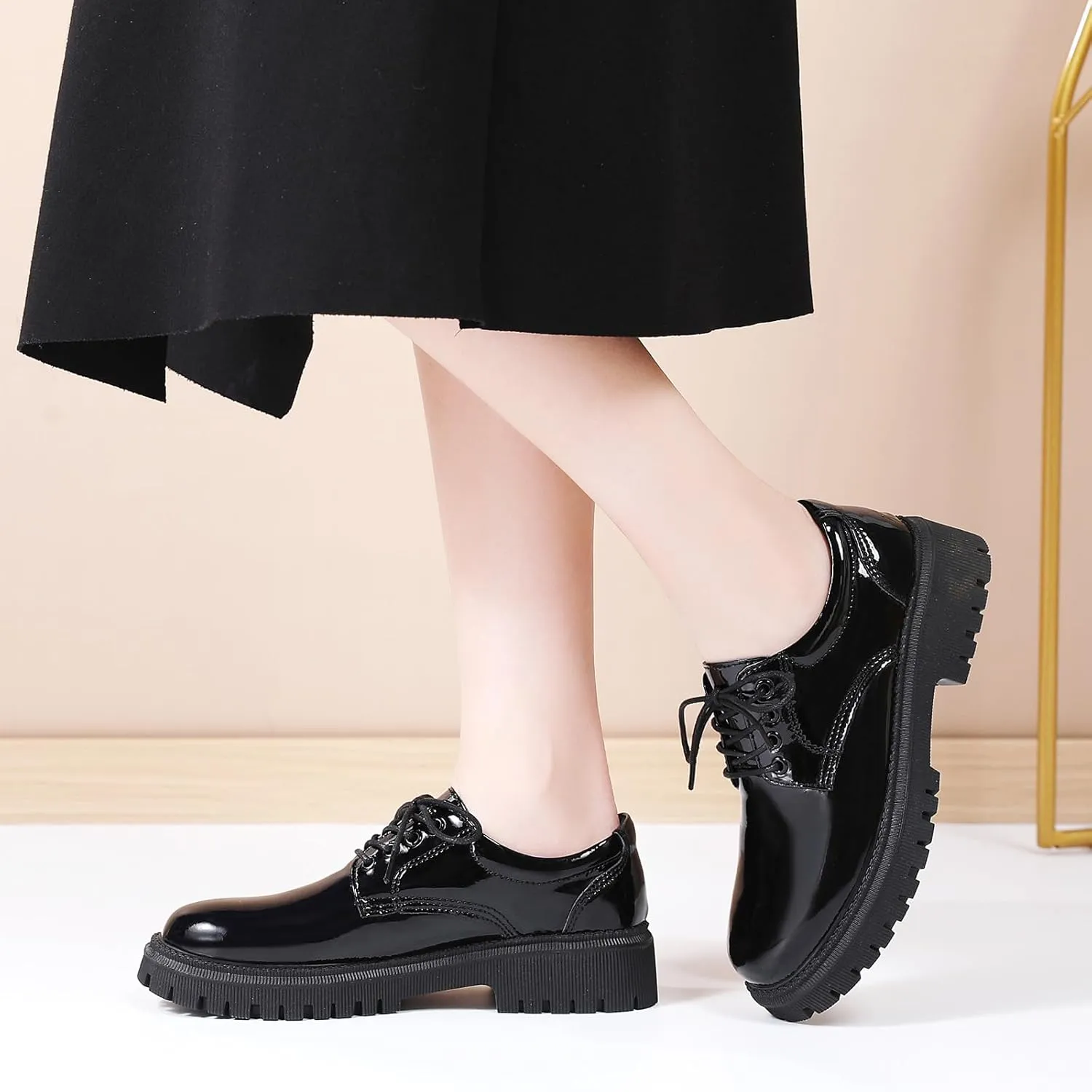 Black Platform Oxford Shoes for Women Chunky Leather Work Office Non Slip Dress Shoes Saddle Comfortable Business Shoes