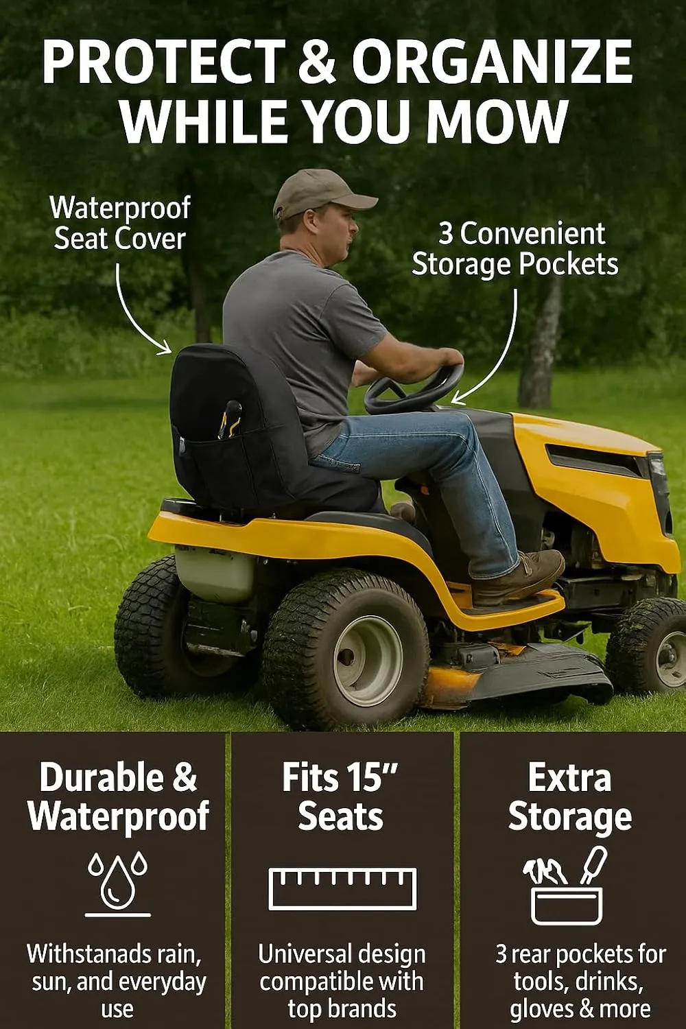 Black Riding Lawn Mower Tractor seat Cover for kubota Craftsman Husqvarna John Deere cub Cadet wheatherproof Padded Comfort fits 12.5''-14'' backrest 3storage Pockets