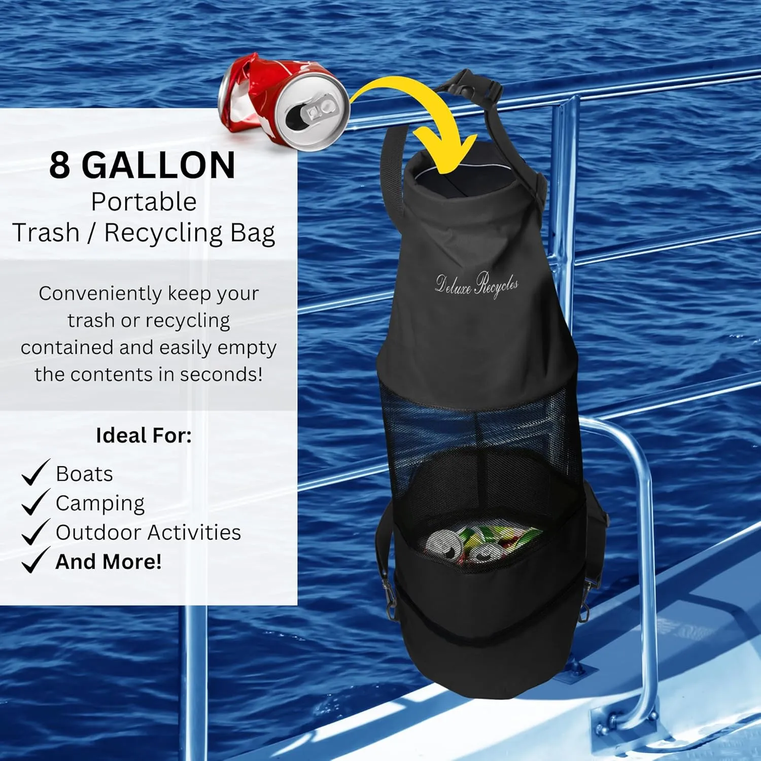 Boat Trash Can Bag - Durable 600D Mesh Oxford Fabric, Bottom Zipper, and Washable - Ideal for Boats, Kayaks, Campers, RVs, and More (Black)