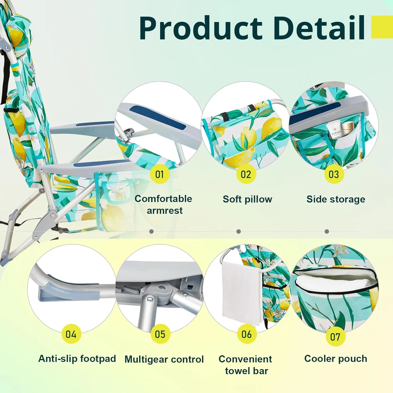 Bonnlo Low-Profile Folding Patio Chair with Headrest & Storage Pouch, Lightweight Aluminum Frame Supports 220 lbs/100 kg, Portable for Travel Lawn Poolside Camping Beach(Lemon Motif)
