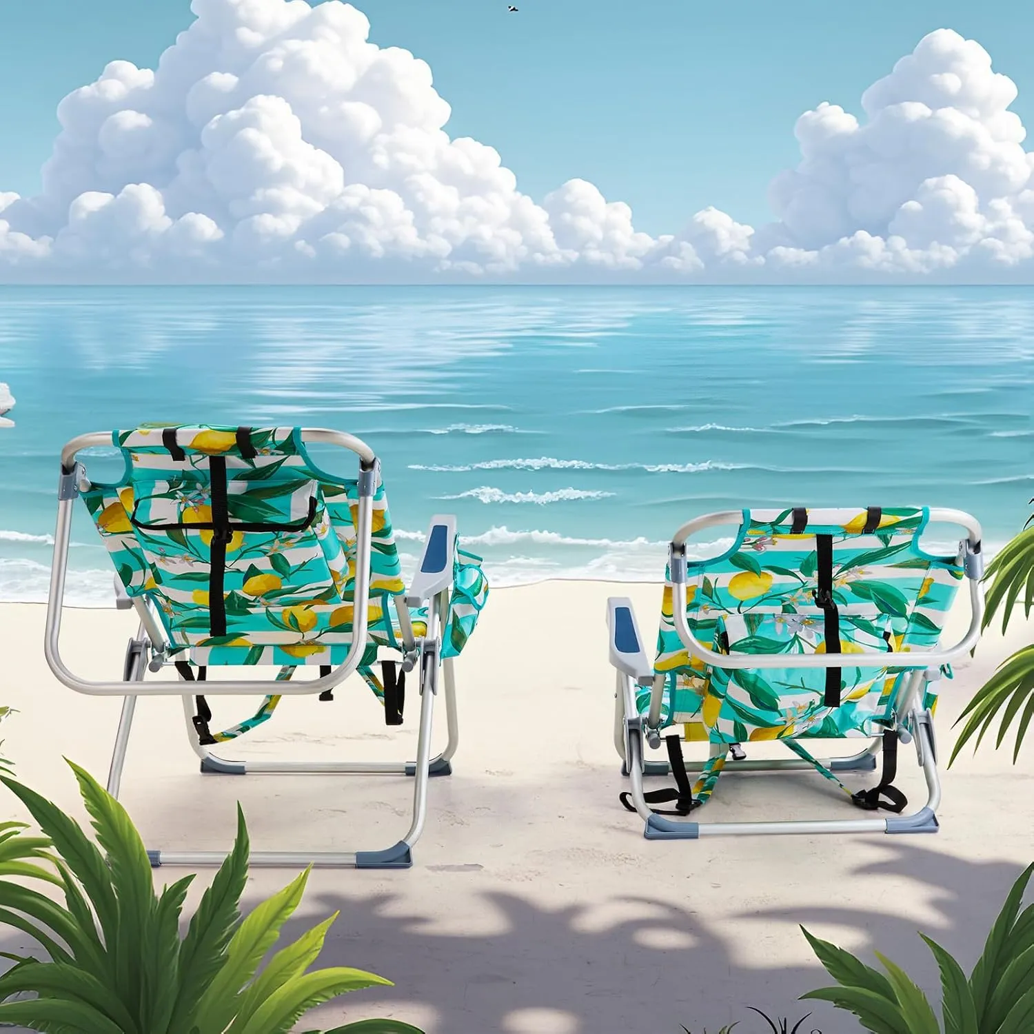 Bonnlo Low-Profile Folding Patio Chair with Headrest & Storage Pouch, Lightweight Aluminum Frame Supports 220 lbs/100 kg, Portable for Travel Lawn Poolside Camping Beach(Lemon Motif)