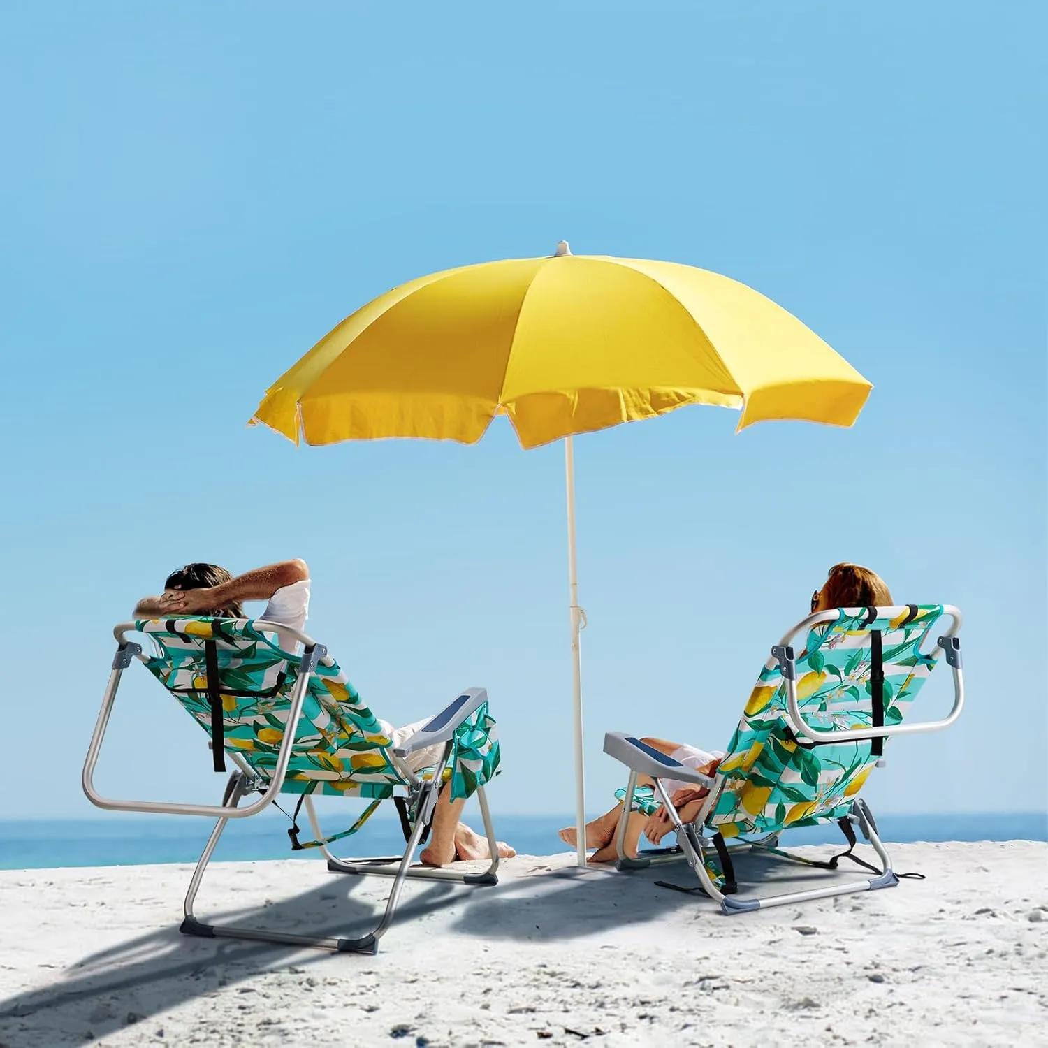 Bonnlo Low-Profile Folding Patio Chair with Headrest & Storage Pouch, Lightweight Aluminum Frame Supports 220 lbs/100 kg, Portable for Travel Lawn Poolside Camping Beach(Lemon Motif)