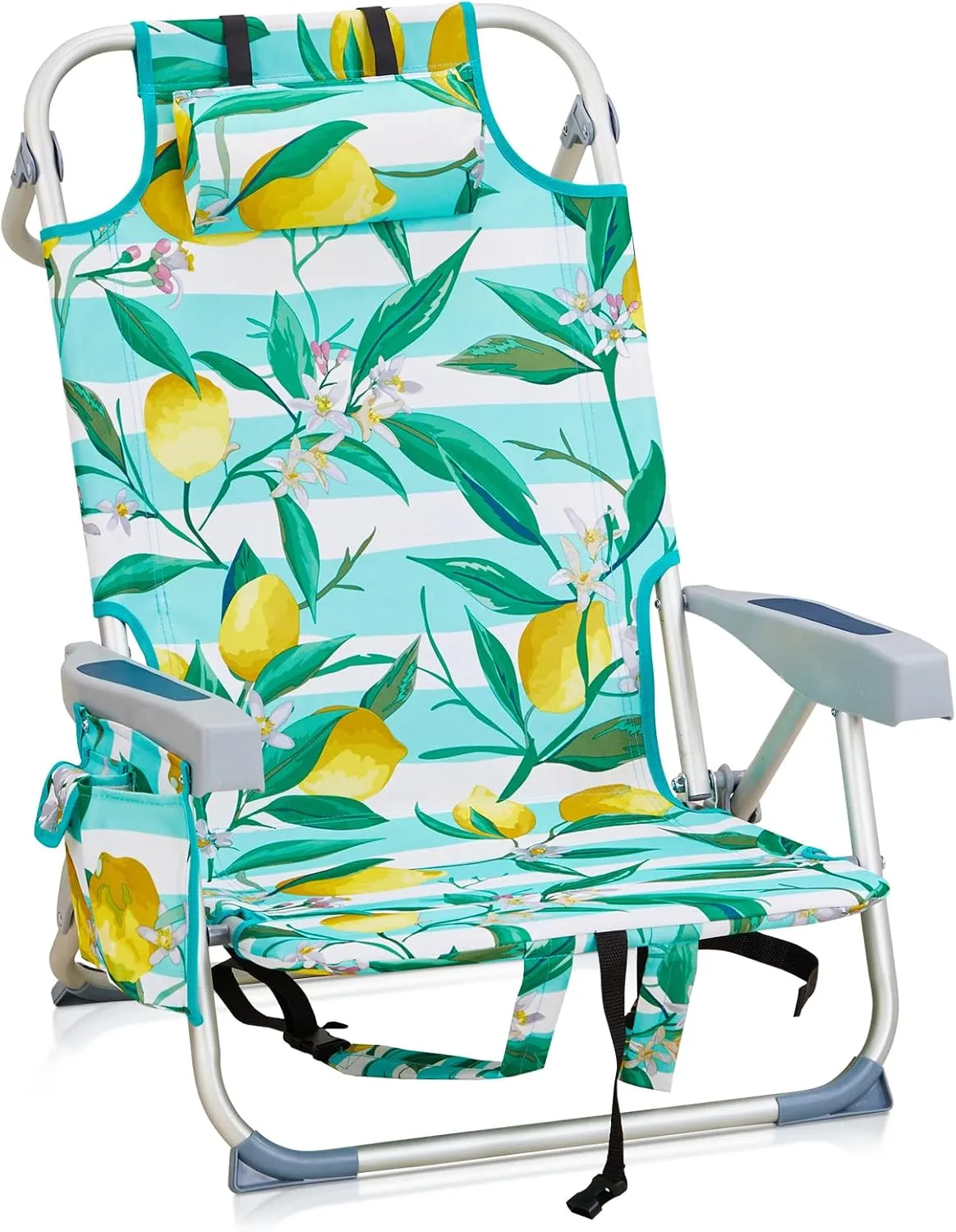 Bonnlo Low-Profile Folding Patio Chair with Headrest & Storage Pouch, Lightweight Aluminum Frame Supports 220 lbs/100 kg, Portable for Travel Lawn Poolside Camping Beach(Lemon Motif)