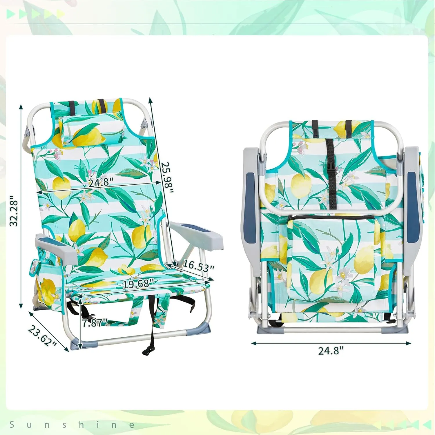 Bonnlo Low-Profile Folding Patio Chair with Headrest & Storage Pouch, Lightweight Aluminum Frame Supports 220 lbs/100 kg, Portable for Travel Lawn Poolside Camping Beach(Lemon Motif)