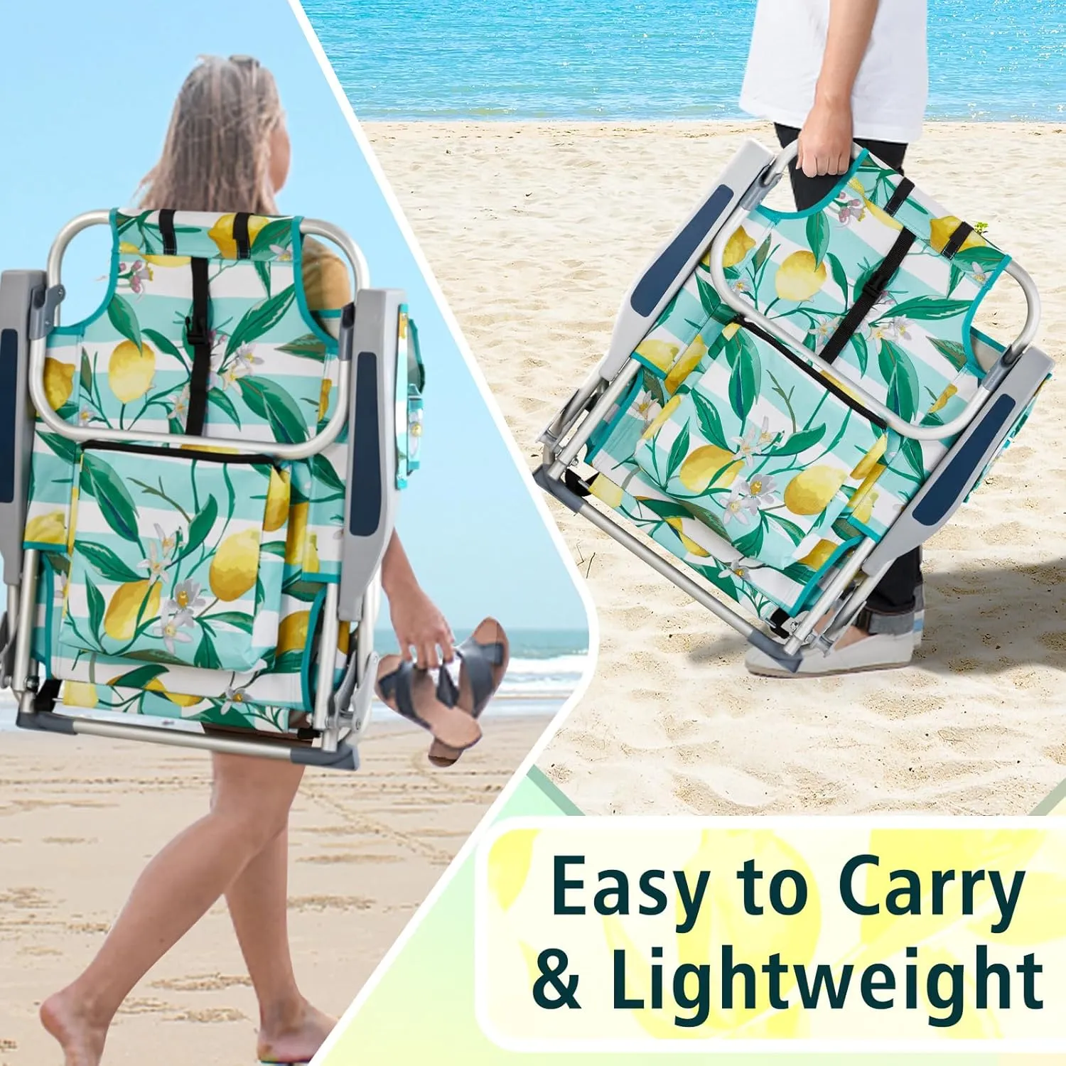 Bonnlo Low-Profile Folding Patio Chair with Headrest & Storage Pouch, Lightweight Aluminum Frame Supports 220 lbs/100 kg, Portable for Travel Lawn Poolside Camping Beach(Lemon Motif)