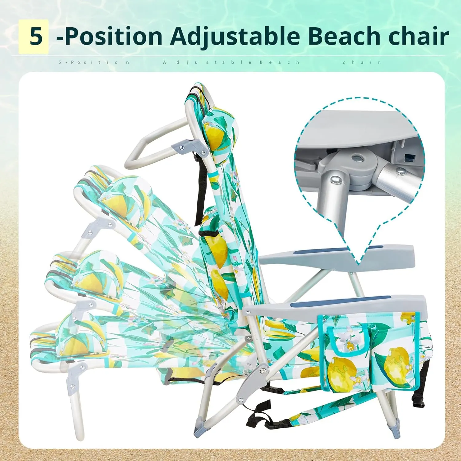 Bonnlo Low-Profile Folding Patio Chair with Headrest & Storage Pouch, Lightweight Aluminum Frame Supports 220 lbs/100 kg, Portable for Travel Lawn Poolside Camping Beach(Lemon Motif)
