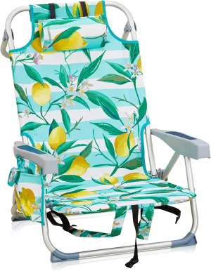 Bonnlo Low-Profile Folding Patio Chair with Headrest & Storage Pouch, Lightweight Aluminum Frame Supports 220 lbs/100 kg, Portable for Travel Lawn Poolside Camping Beach(Lemon Motif)