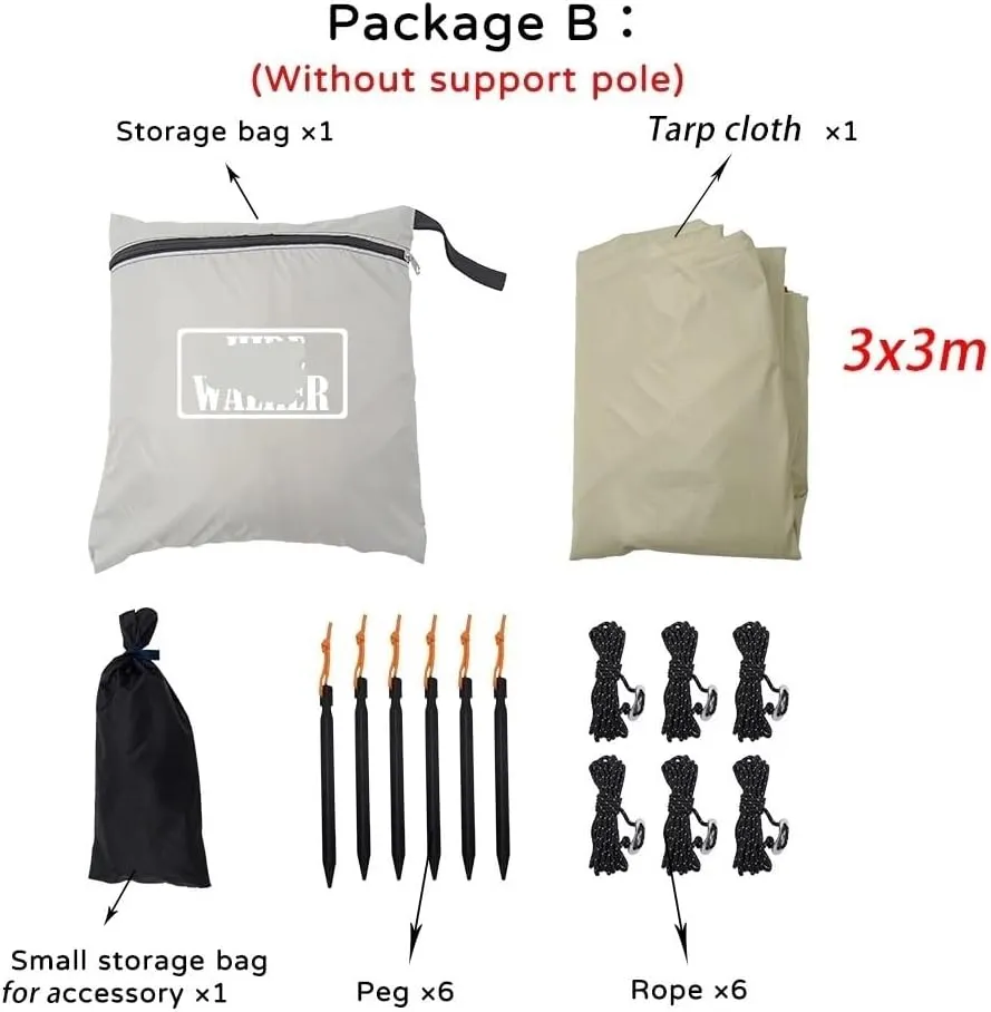 Camping Awning Canopy Tarp Durable Waterproof Lightweight for Outdoor Tent Shade Multi-Purpose Use(Package B 3x3)