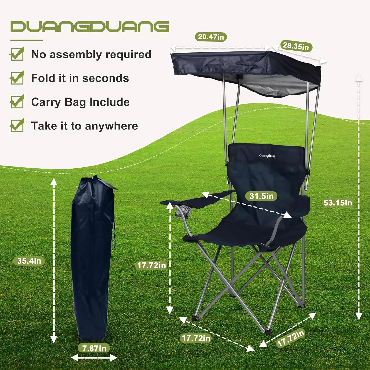 Camping Chair 2 Pack Portable Camping Chair with Canopy,Folding Chair with Canopy, Durable 600D Oxford Canopy Chair for Camping, Beach, Picnics, Fishing & Sports,NavyBlue