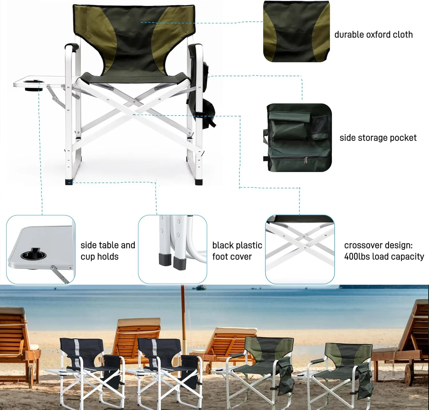 Camping Director's Chair, Aluminum Frame and Oxford Fabric Supports 400 lbs, Foldable and Portable, with Side Storage Bag and Side Table, a Folding Chair or Camping Chair (Green, 2PCS)