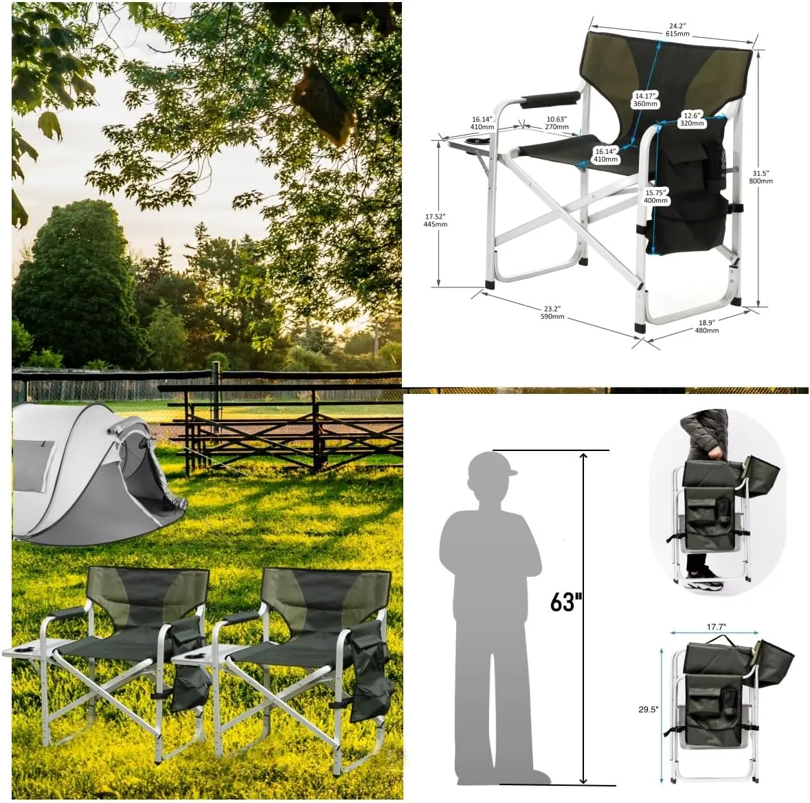 Camping Director's Chair, Aluminum Frame and Oxford Fabric Supports 400 lbs, Foldable and Portable, with Side Storage Bag and Side Table, a Folding Chair or Camping Chair (Green, 2PCS)