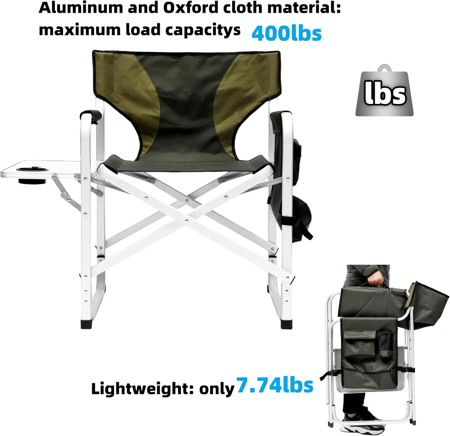 Camping Director's Chair, Aluminum Frame and Oxford Fabric Supports 400 lbs, Foldable and Portable, with Side Storage Bag and Side Table, a Folding Chair or Camping Chair (Green, 2PCS)