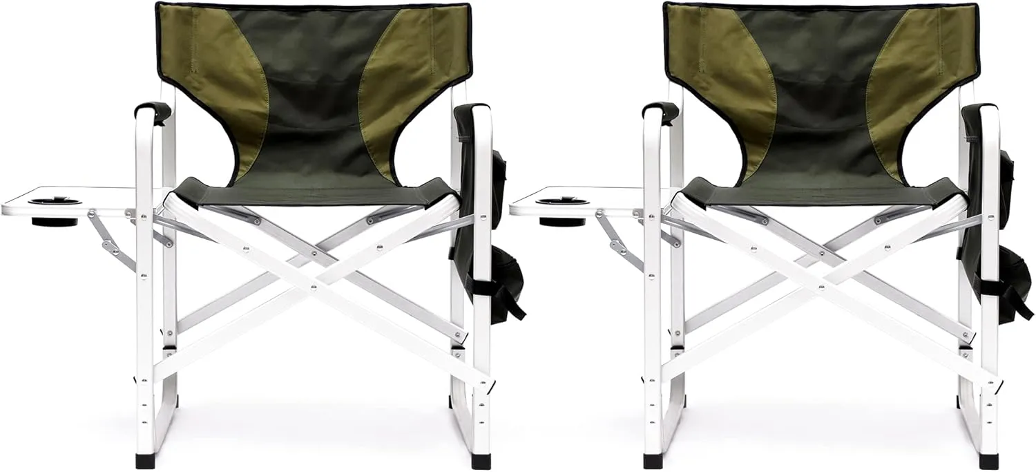 Camping Director's Chair, Aluminum Frame and Oxford Fabric Supports 400 lbs, Foldable and Portable, with Side Storage Bag and Side Table, a Folding Chair or Camping Chair (Green, 2PCS)