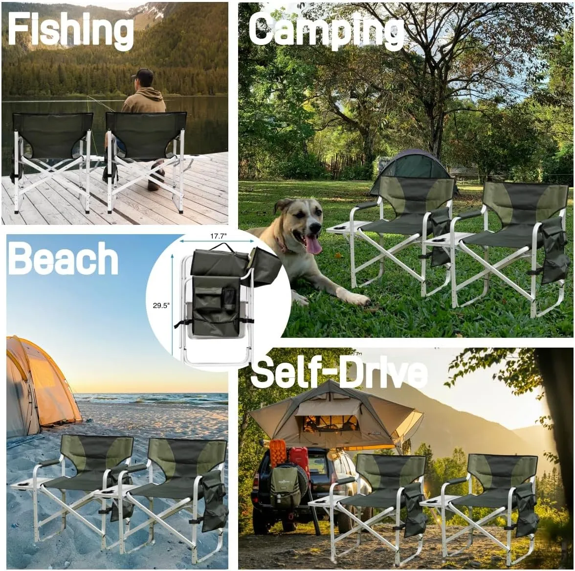 Camping Director's Chair, Aluminum Frame and Oxford Fabric Supports 400 lbs, Foldable and Portable, with Side Storage Bag and Side Table, a Folding Chair or Camping Chair (Green, 2PCS)