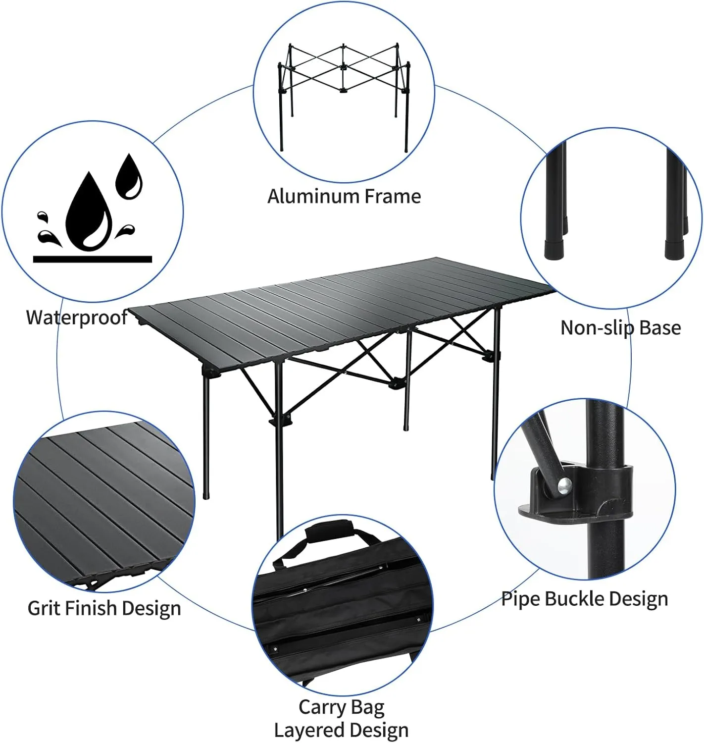 Camping Table 4Ft Folding Table Folding Picnic Aluminum Roll up Camp for Outdoor Beach Grill BBQ Travel Black