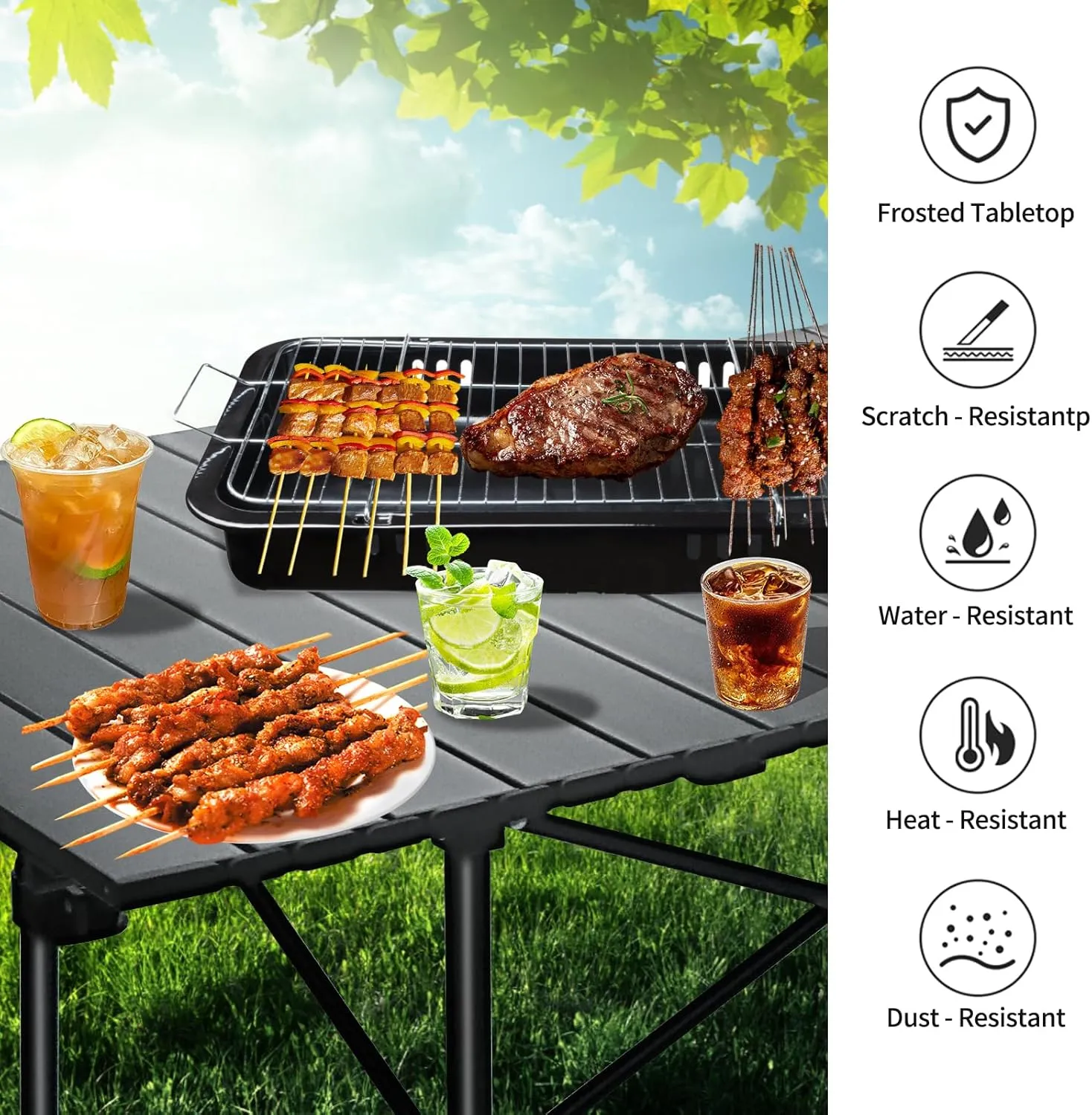 Camping Table 4Ft Folding Table Folding Picnic Aluminum Roll up Camp for Outdoor Beach Grill BBQ Travel Black