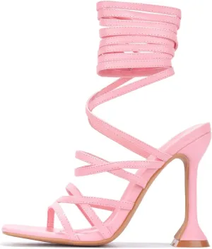 Cape Robbin Jenni Lace-Up Light Strappy Stiletto Flare Heel Open Toe Sandal Nude