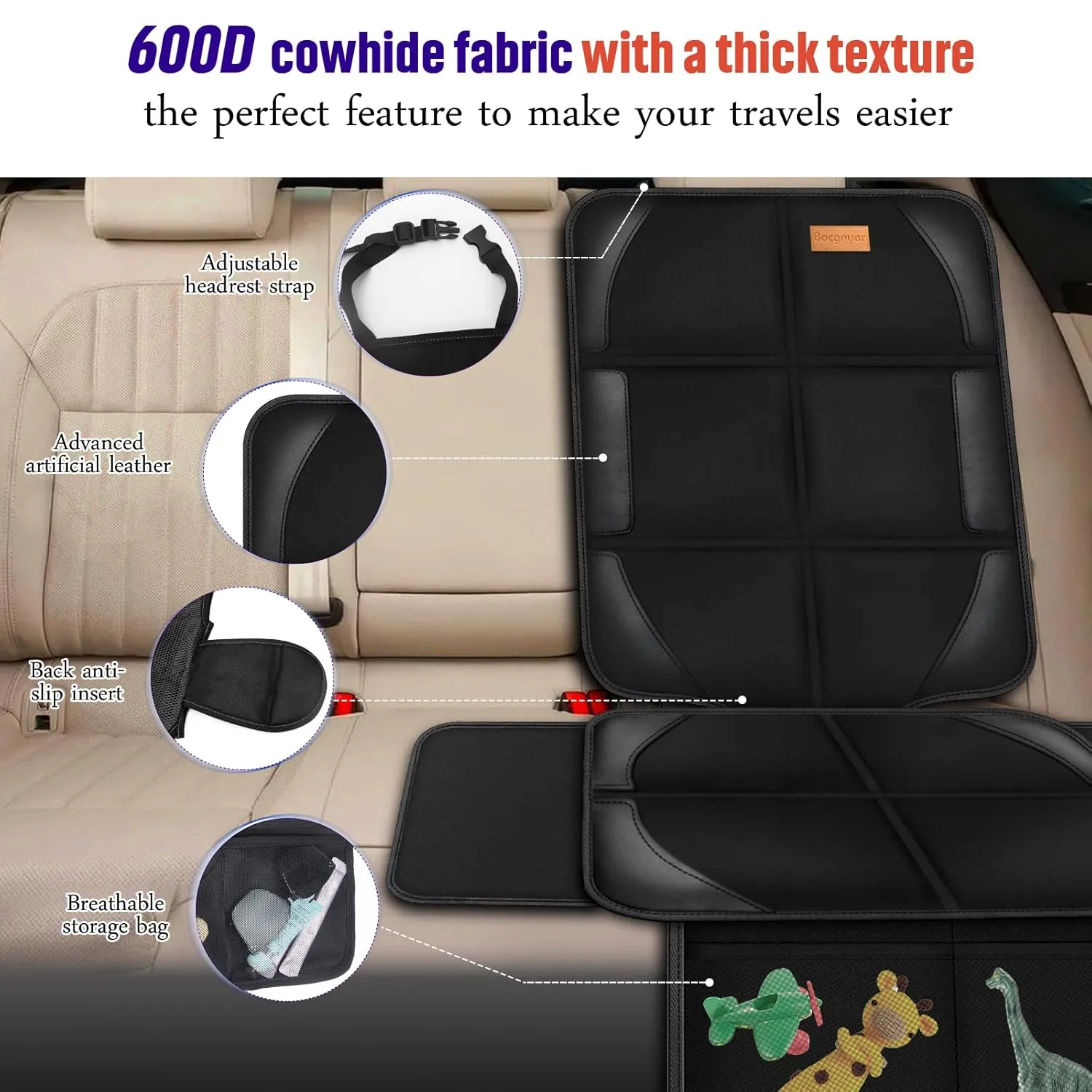 Car Seat Protector, 2 Pack of Seat Protectors, Thickest Padded 600D Fabric Padding, Waterproof, Durable, Anti Slip Backing, Child Seat Protection, Suitable for Babies, Toddlers, Children（2 Protector）