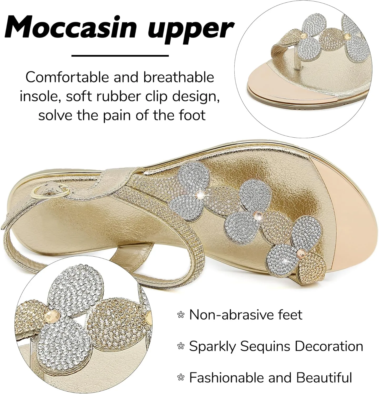CARETOO Women's Bohemia Flat Sandals, Ladies Summer Beach T-Strap Flip Flop Sparkling Rhinestone Walking Shoes Casual