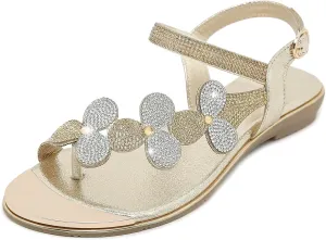 CARETOO Women's Bohemia Flat Sandals, Ladies Summer Beach T-Strap Flip Flop Sparkling Rhinestone Walking Shoes Casual