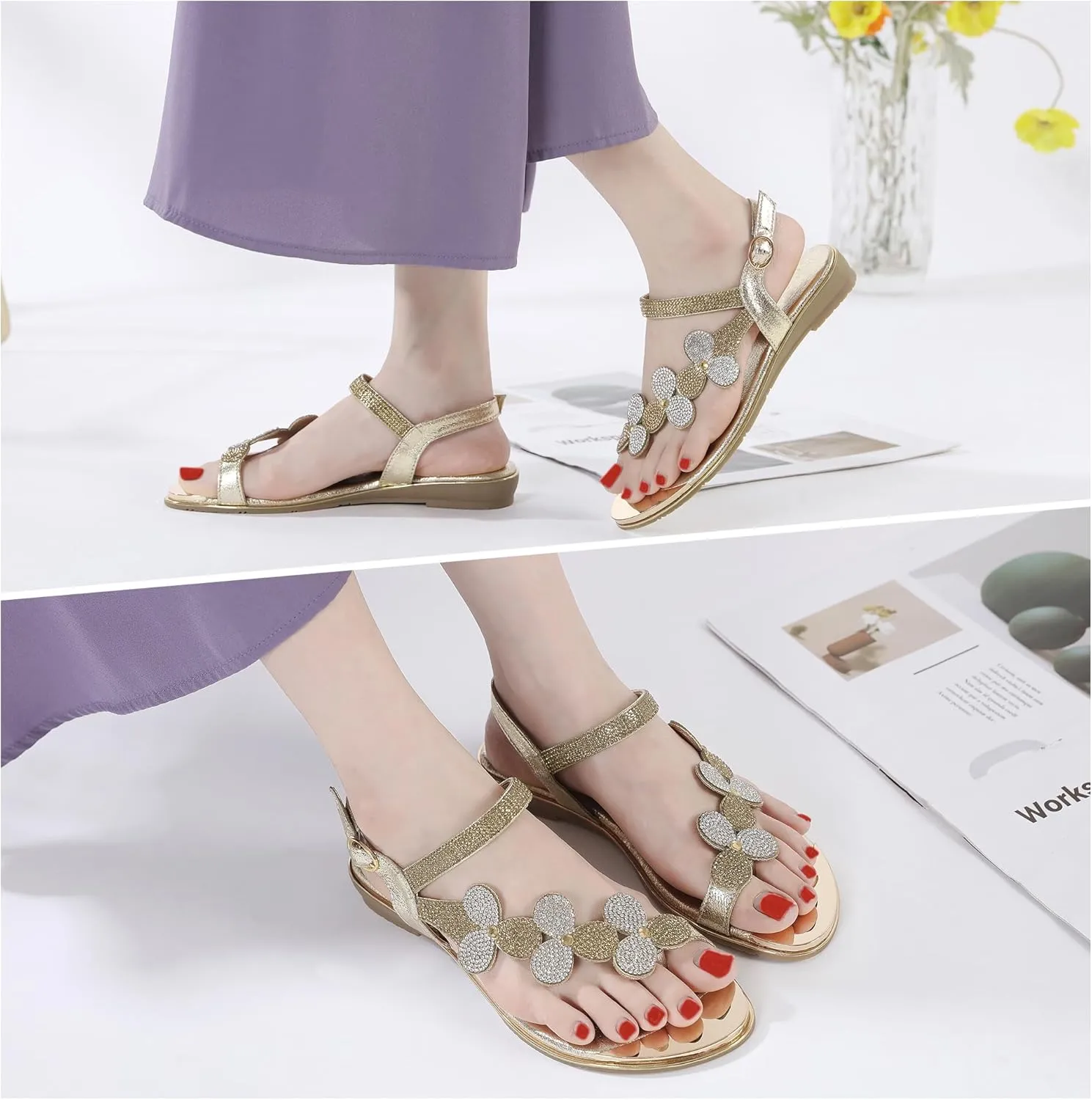 CARETOO Women's Bohemia Flat Sandals, Ladies Summer Beach T-Strap Flip Flop Sparkling Rhinestone Walking Shoes Casual