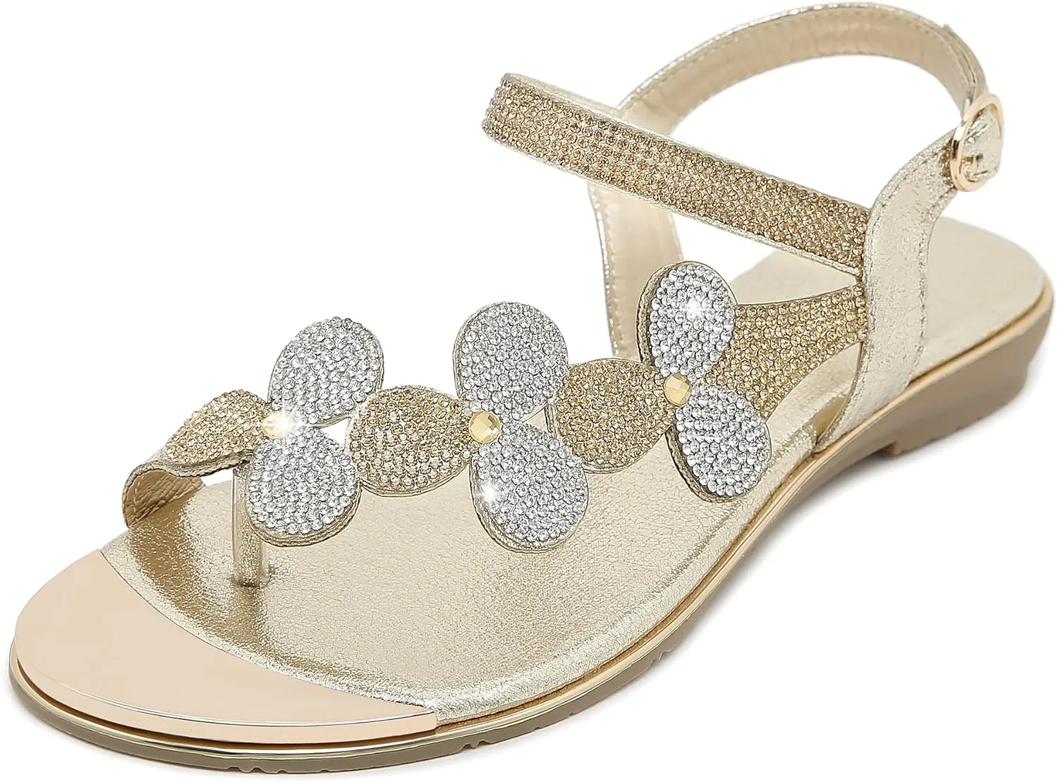 CARETOO Women's Bohemia Flat Sandals, Ladies Summer Beach T-Strap Flip Flop Sparkling Rhinestone Walking Shoes Casual