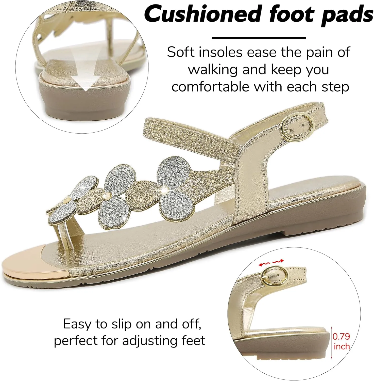 CARETOO Women's Bohemia Flat Sandals, Ladies Summer Beach T-Strap Flip Flop Sparkling Rhinestone Walking Shoes Casual
