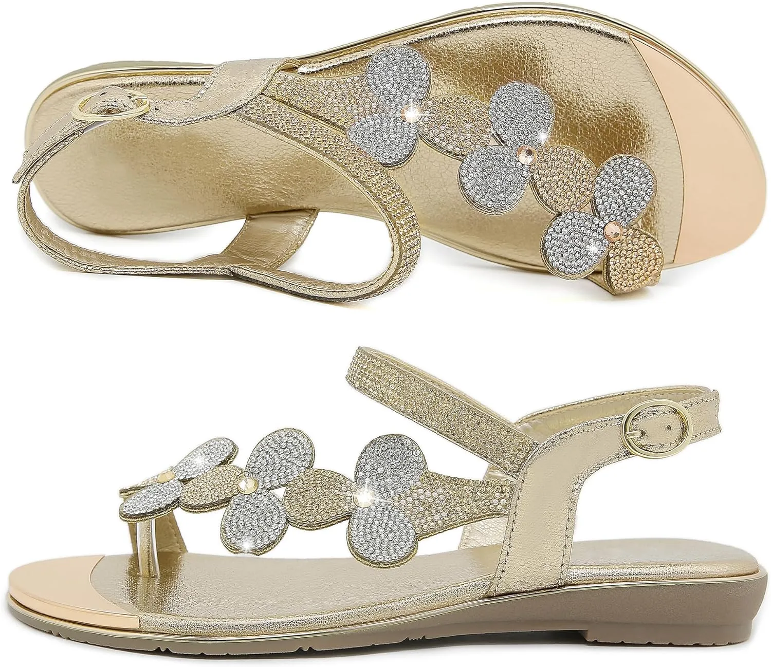 CARETOO Women's Bohemia Flat Sandals, Ladies Summer Beach T-Strap Flip Flop Sparkling Rhinestone Walking Shoes Casual