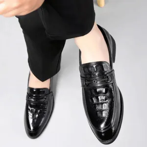 Casual Business Walking Shoes for Men Formal Shoes for Men Slip On Round Burnished Toe Vegan Leather Crocodile Print Non Slip Resistant Block Heel Rubber Sole Low Top Casual