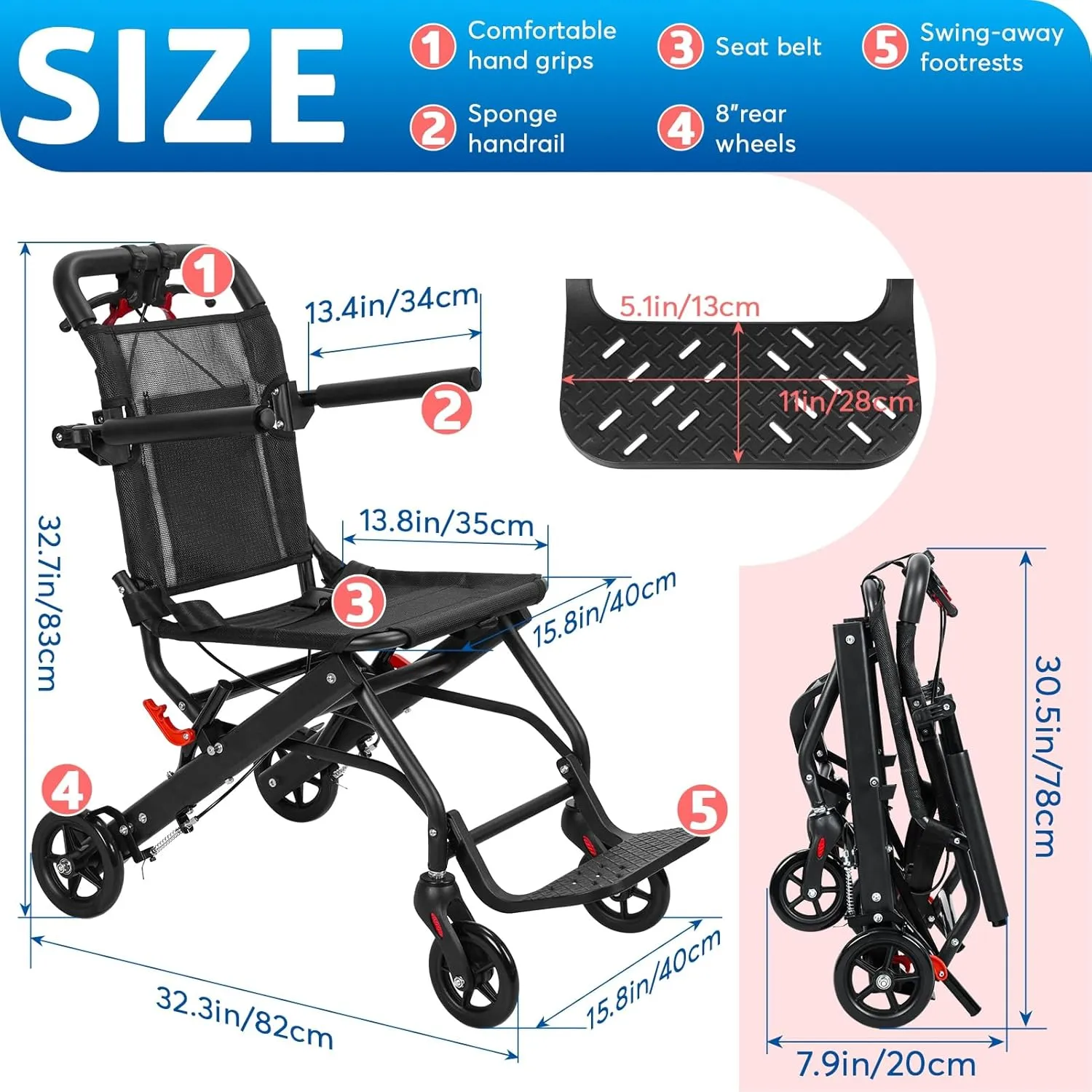 cdar Lightweight Transport Wheelchair, Aluminum Alloy Foldable Wheelchairs for Adults, Portable Transportation Travel Wheelchairs, Outdoor Collapsible Wheelchair with Storage Bag, Bearing 286lbs Black