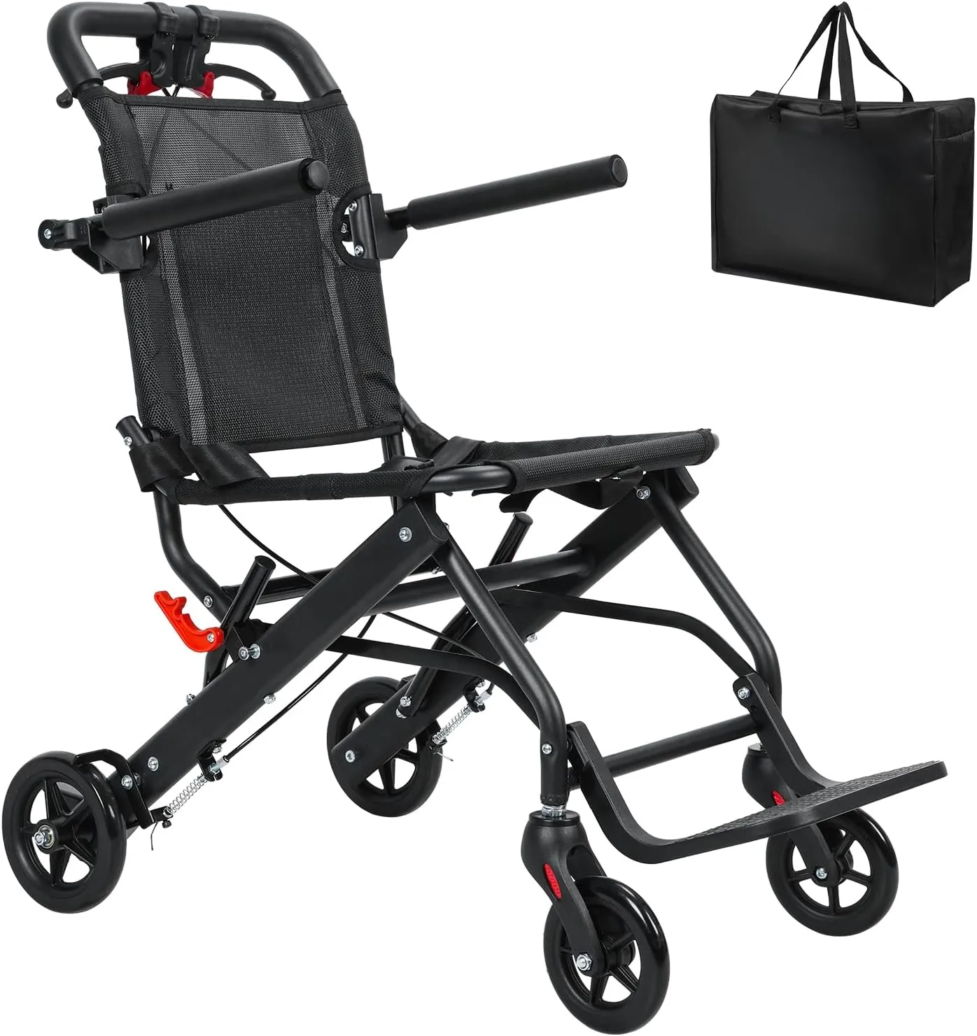 cdar Lightweight Transport Wheelchair, Aluminum Alloy Foldable Wheelchairs for Adults, Portable Transportation Travel Wheelchairs, Outdoor Collapsible Wheelchair with Storage Bag, Bearing 286lbs Black