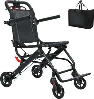 cdar Lightweight Transport Wheelchair, Aluminum Alloy Foldable Wheelchairs for Adults, Portable Transportation Travel Wheelchairs, Outdoor Collapsible Wheelchair with Storage Bag, Bearing 286lbs Black
