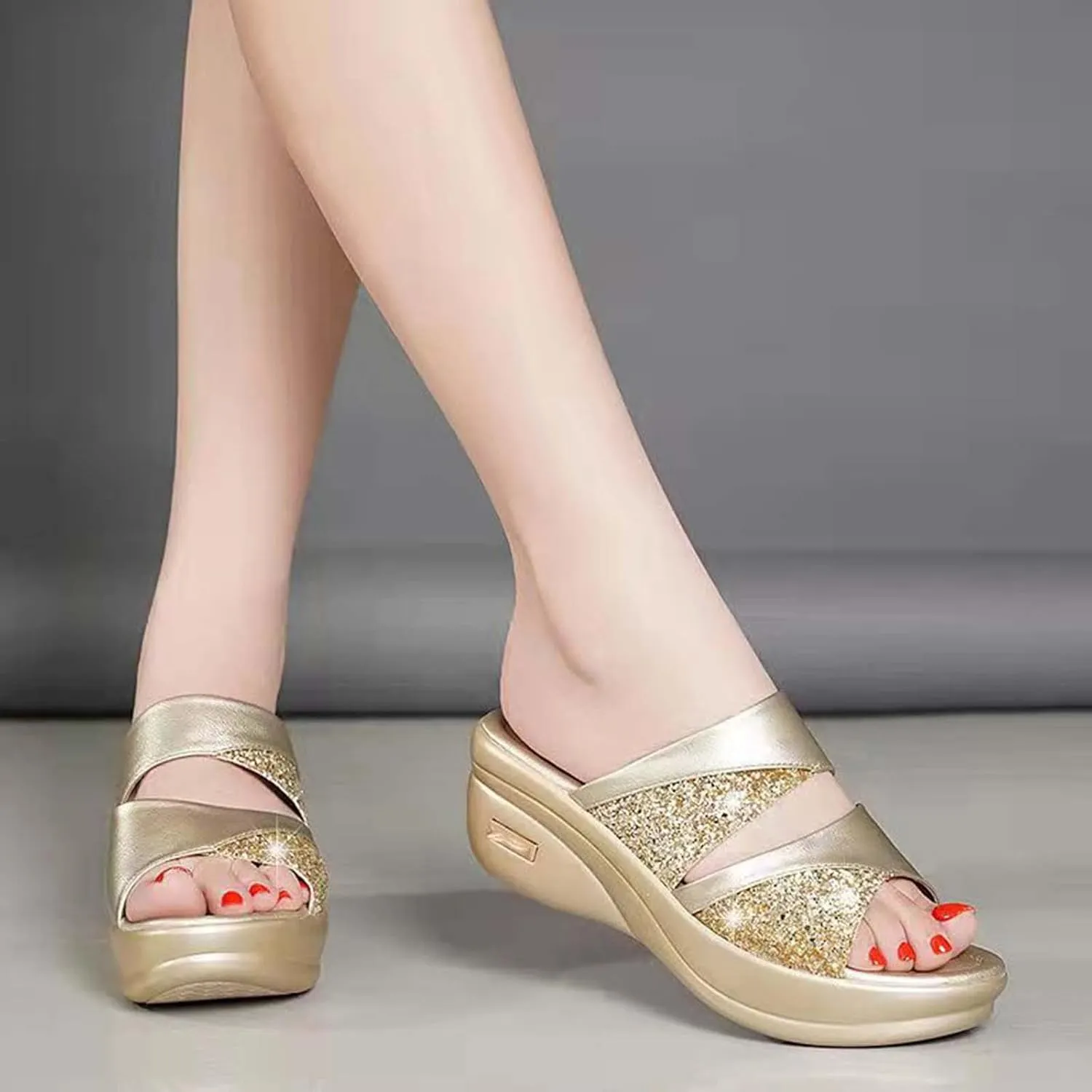 CERYTHRINA Womens Glitter Platform Wedge Slipper Summer Sequins Slides Sandals
