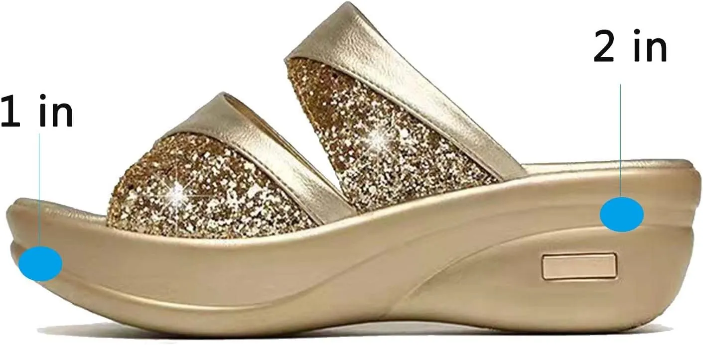 CERYTHRINA Womens Glitter Platform Wedge Slipper Summer Sequins Slides Sandals