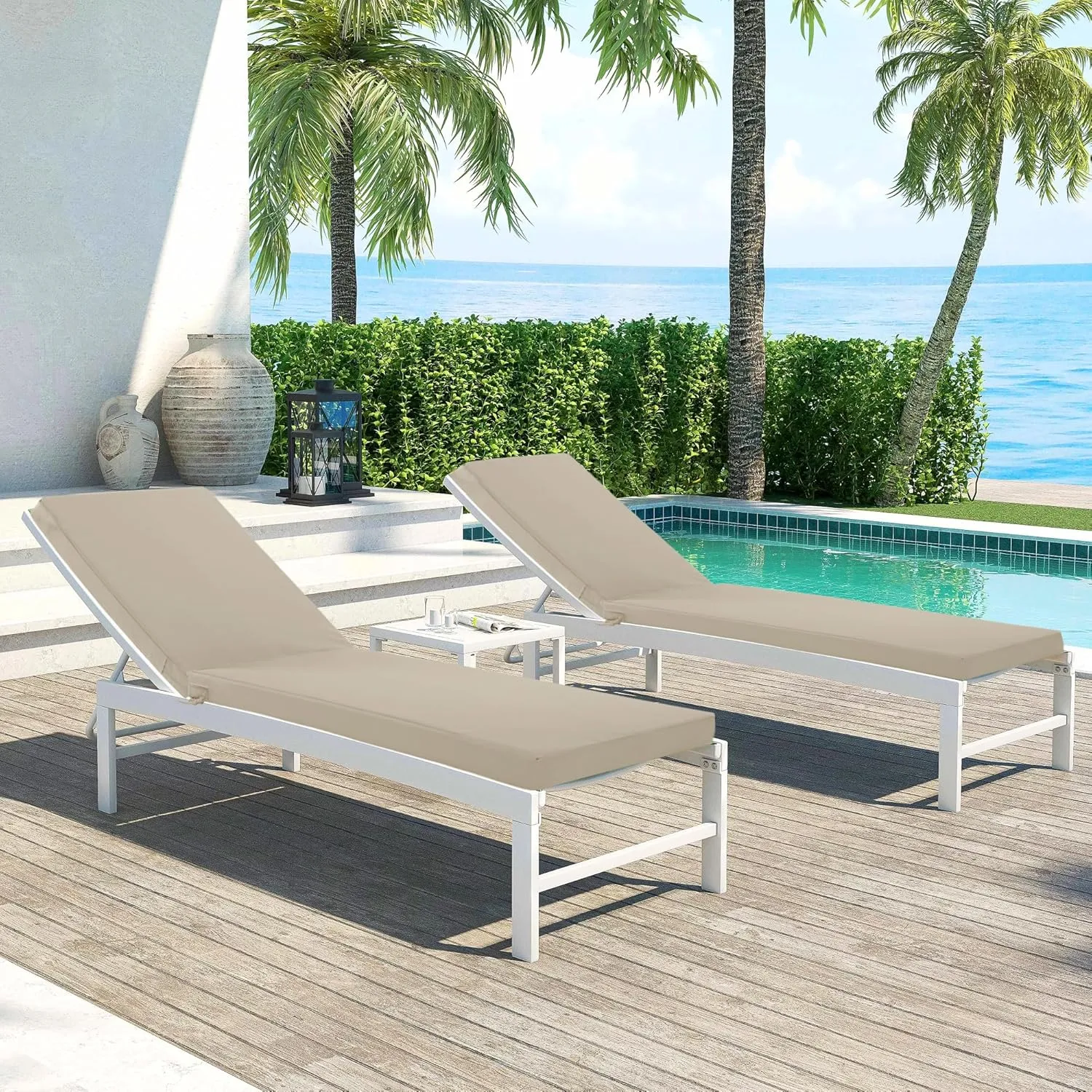 Chaise Lounge Cushions Outdoor Set of 2 - Waterproof and Fade Resistant Sun Lounger Replacement Cushion - Patio Lounger Pads with Removable Cover for Pool, Deck, Lawn, 72 x 21 x 3 Inch, Cream